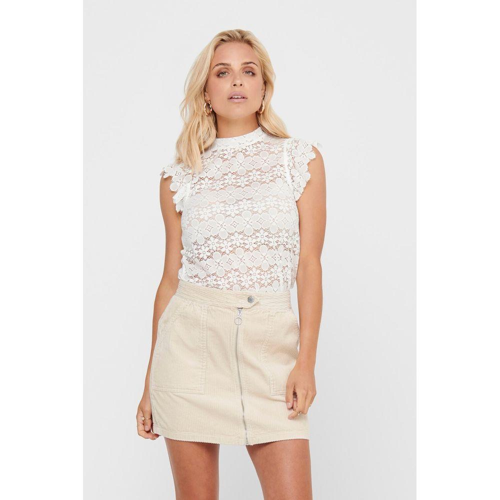 Woman wearing Jacqueline De Yong cream lace polyester top paired with a beige skirt, showcasing elegant and feminine summer fashion.