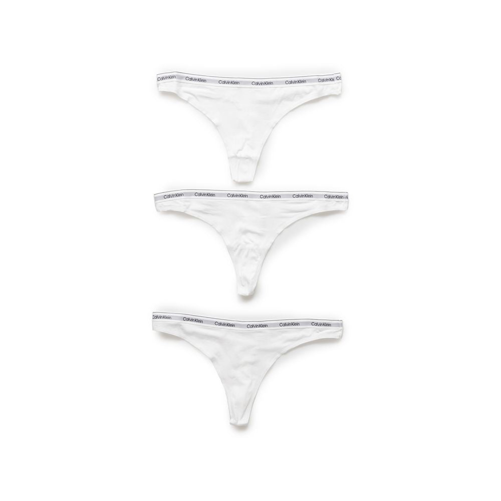 Calvin Klein women's white cotton underwear pack, featuring three low-rise thongs for comfort and style, made from 90% cotton and 10% elastane.