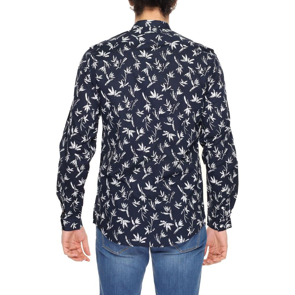 Back view of Antony Morato blue long sleeve cotton shirt with floral pattern, men's spring/summer collection.