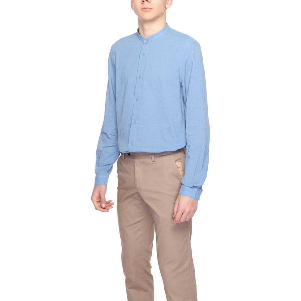 Antony Morato blue cotton long sleeve men's shirt, part of the Spring/Summer collection, made of 100% cotton displayed on a model.