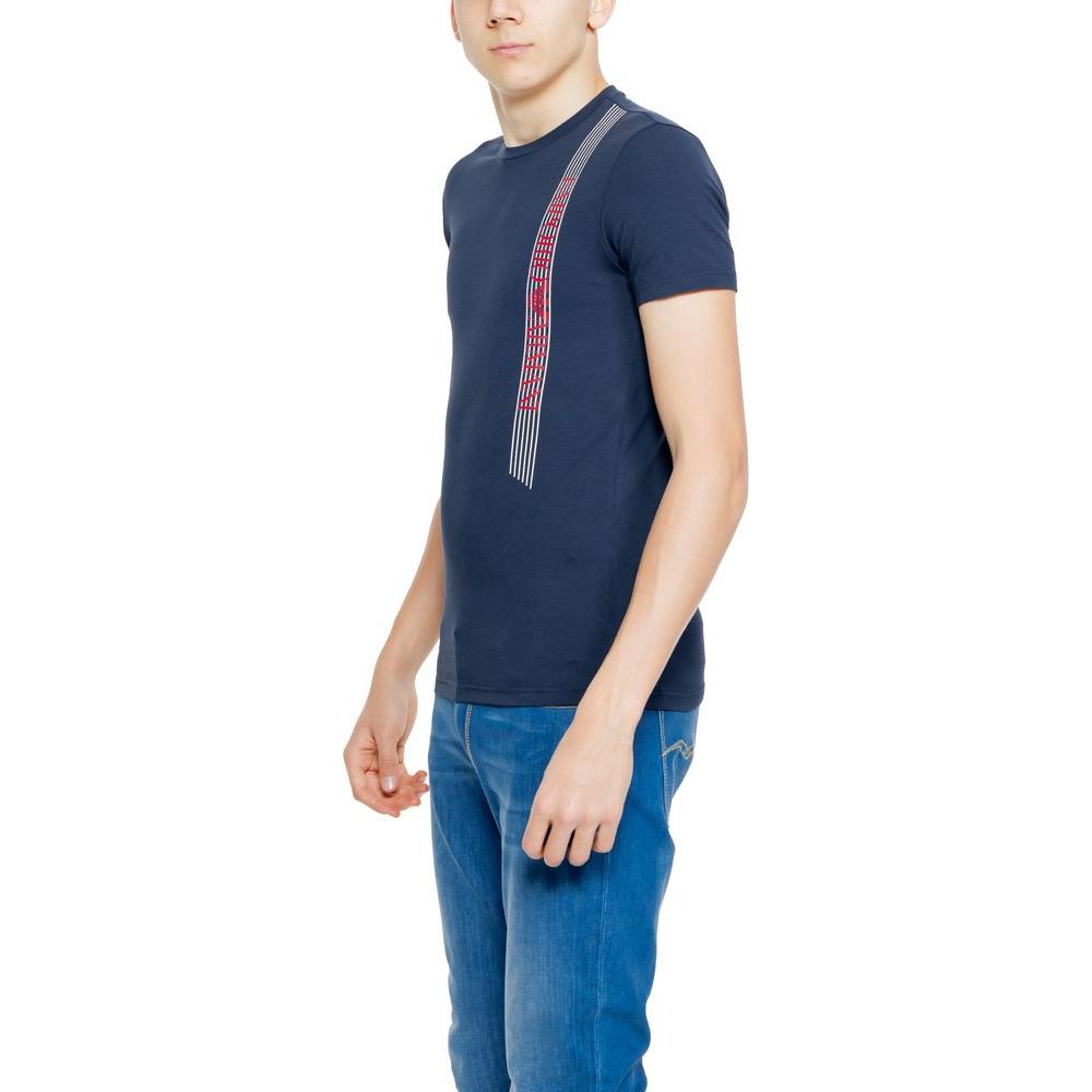 Emporio Armani Underwear blue cotton t-shirt on a model, showcasing modern design with red stripe details, perfect for casual wear.