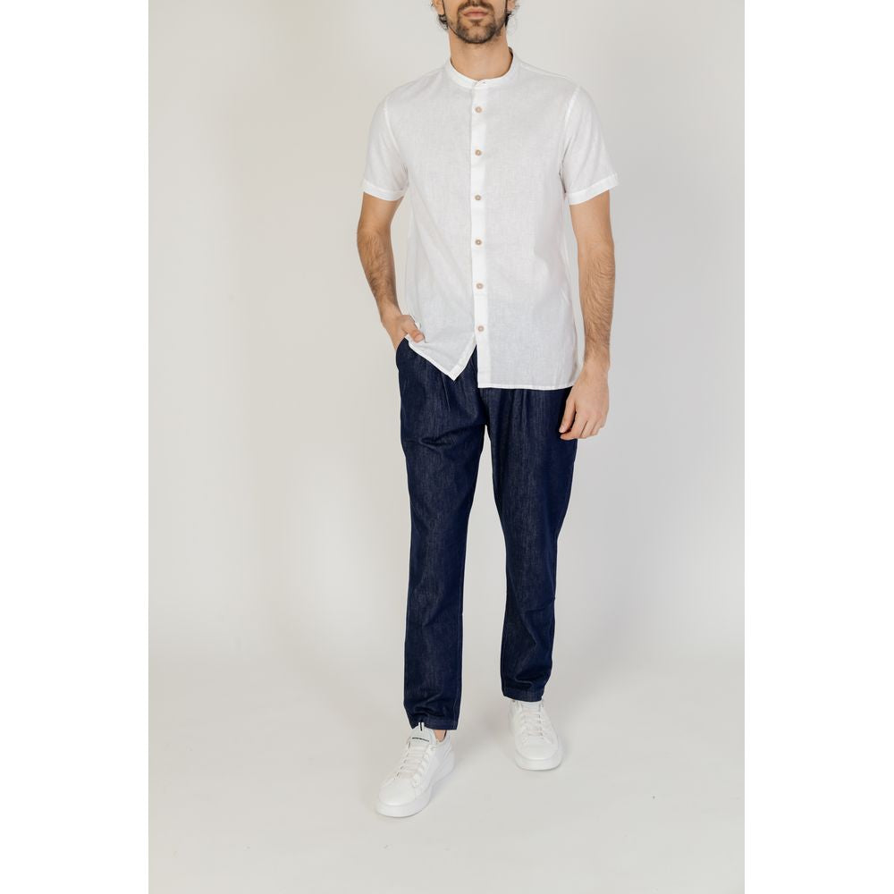 Men's short-sleeved white linen shirt from Hamaki-Ho, spring/summer collection, 55% linen, 45% cotton, casual style