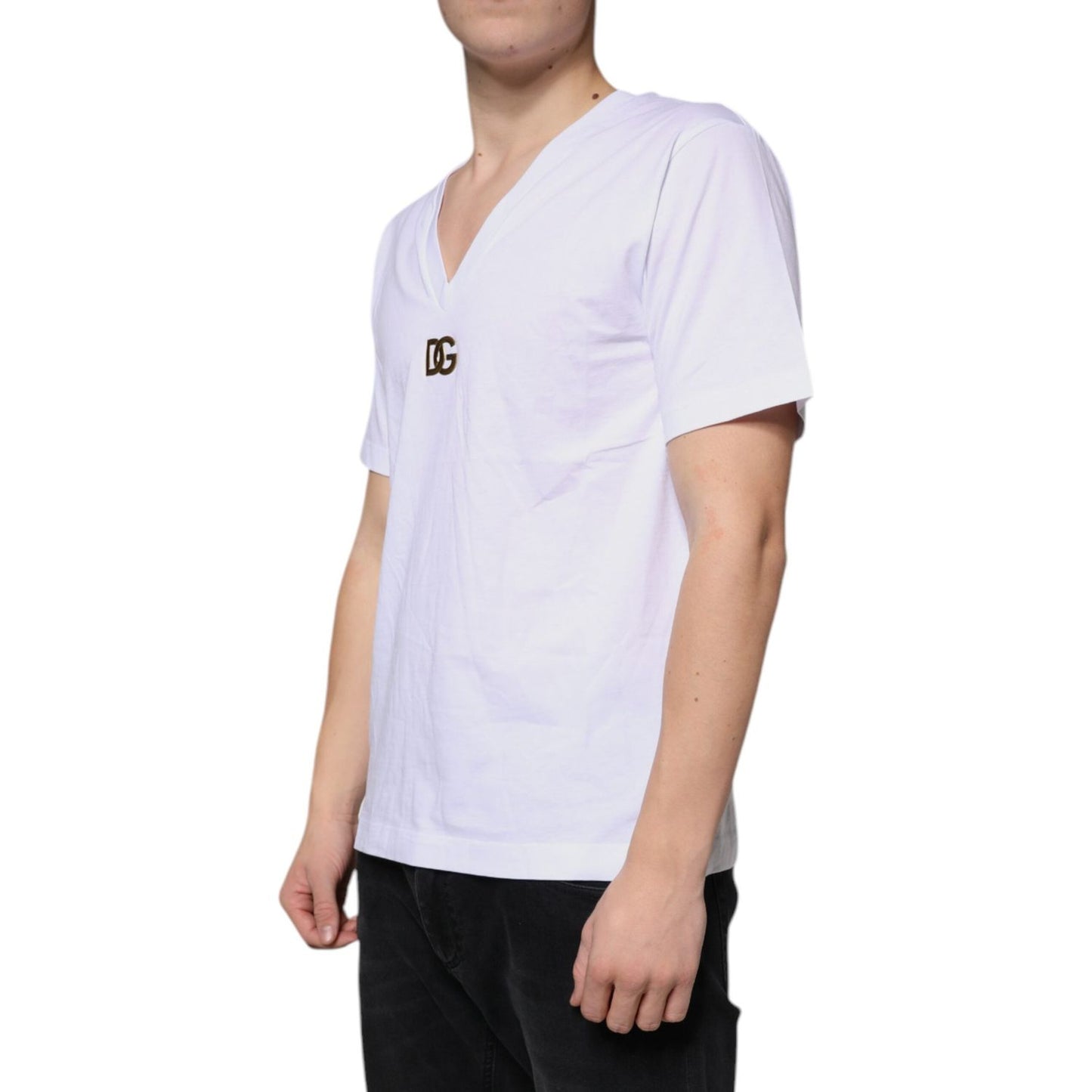 Dolce & Gabbana white logo V-neck cotton T-shirt on model, short sleeves, metal DG logo, Italian made.