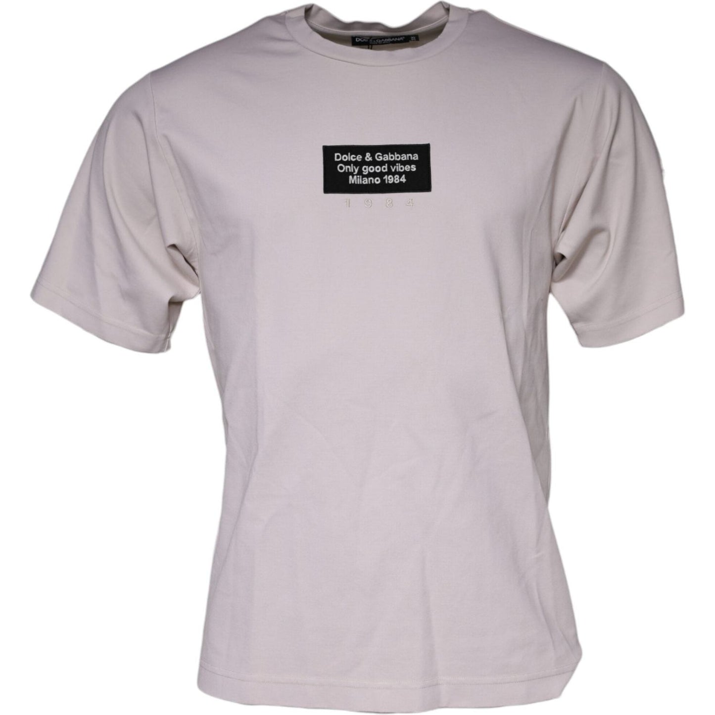 Dolce & Gabbana beige crew neck t-shirt with logo print, cotton blend, short sleeves, minor stains, fashion apparel, made in Italy.