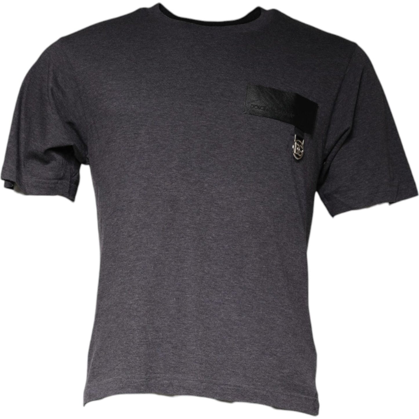 Dolce & Gabbana gray crew neck cotton t-shirt with logo patch, short sleeves, and repaired rips, made in Italy.