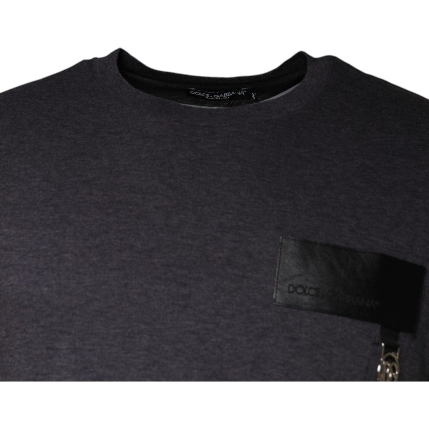 Dolce & Gabbana gray cotton crew neck t-shirt with logo patch, featuring repaired rips; made in Italy, short sleeves, logo visible.