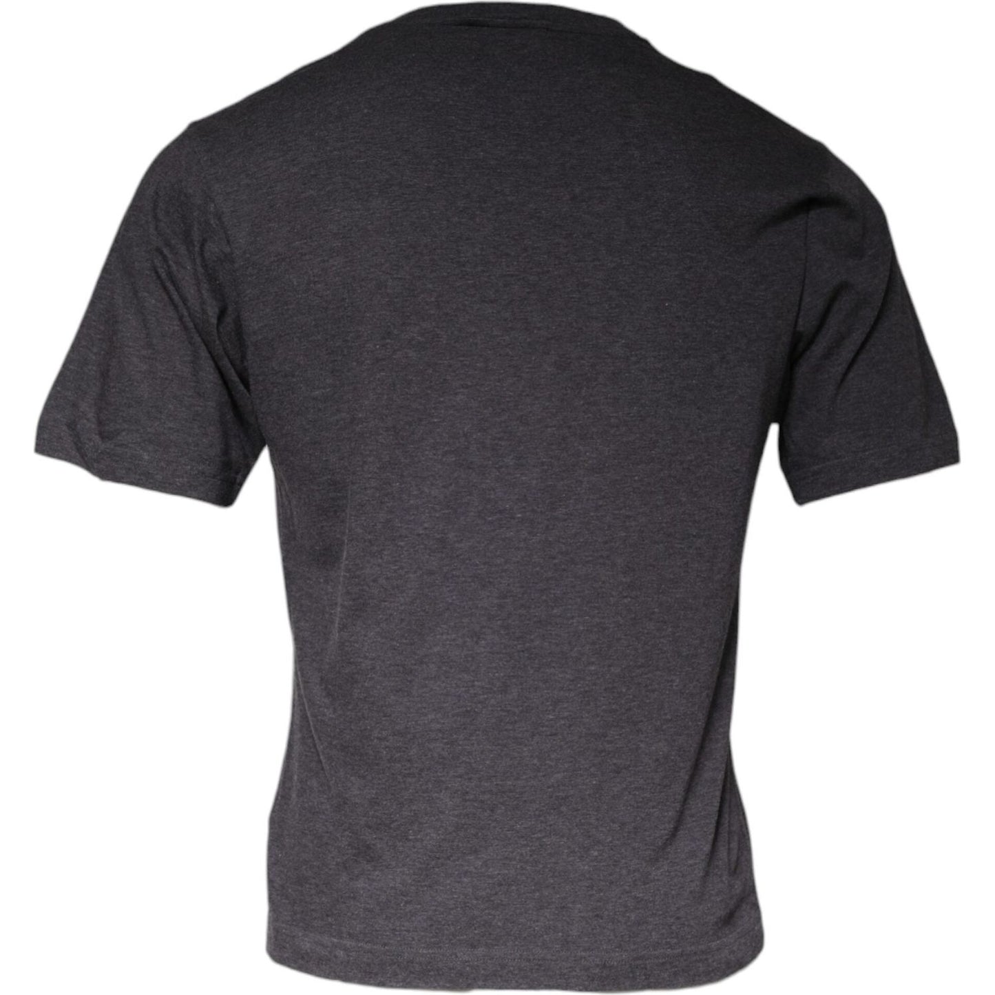 Back view of Dolce & Gabbana Gray Logo Patch Cotton Crew Neck T-shirt, short sleeves, made in Italy, minor repaired rips visible.