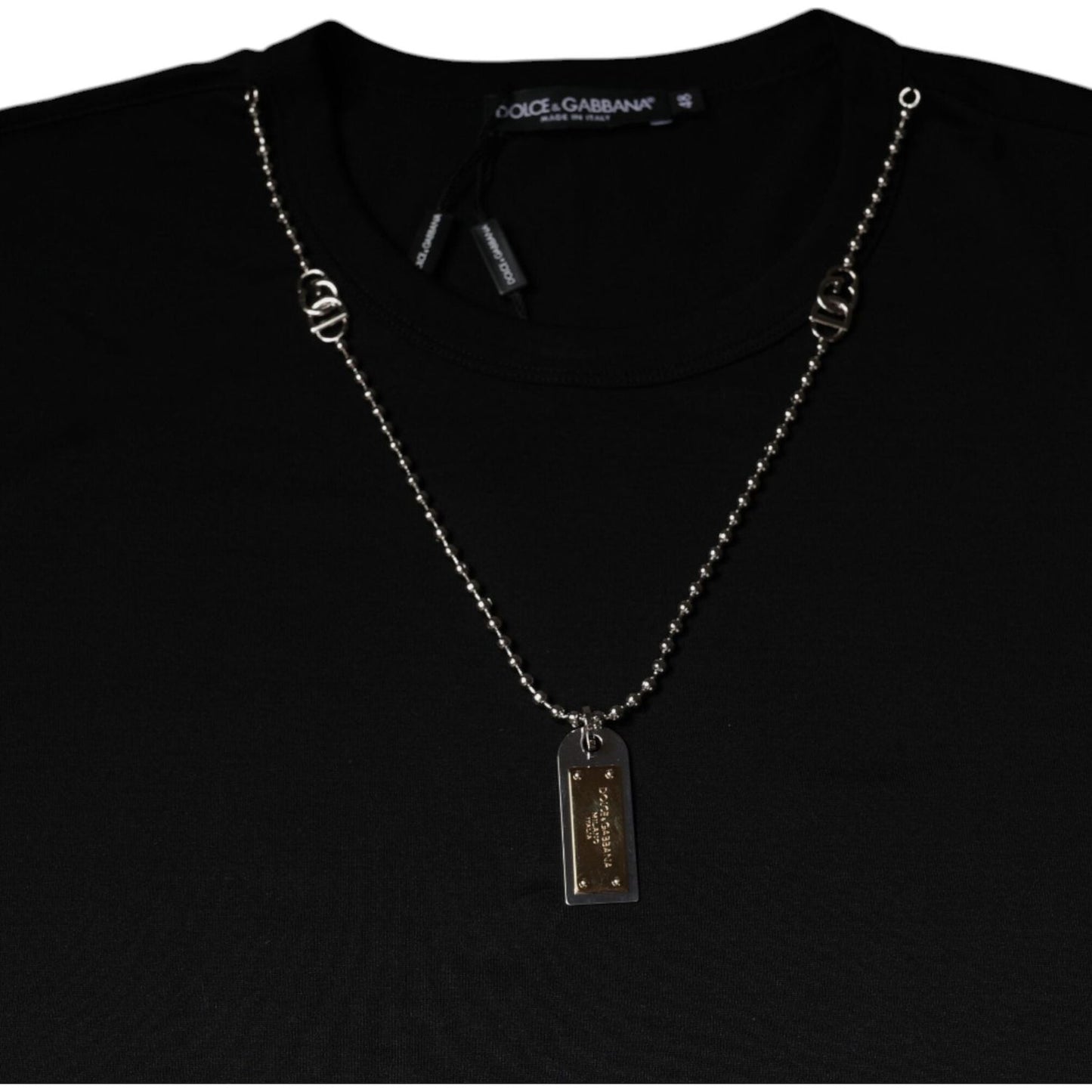 Dolce & Gabbana Black Cotton Necklace Embellished T-shirt Dolce & Gabbana Black