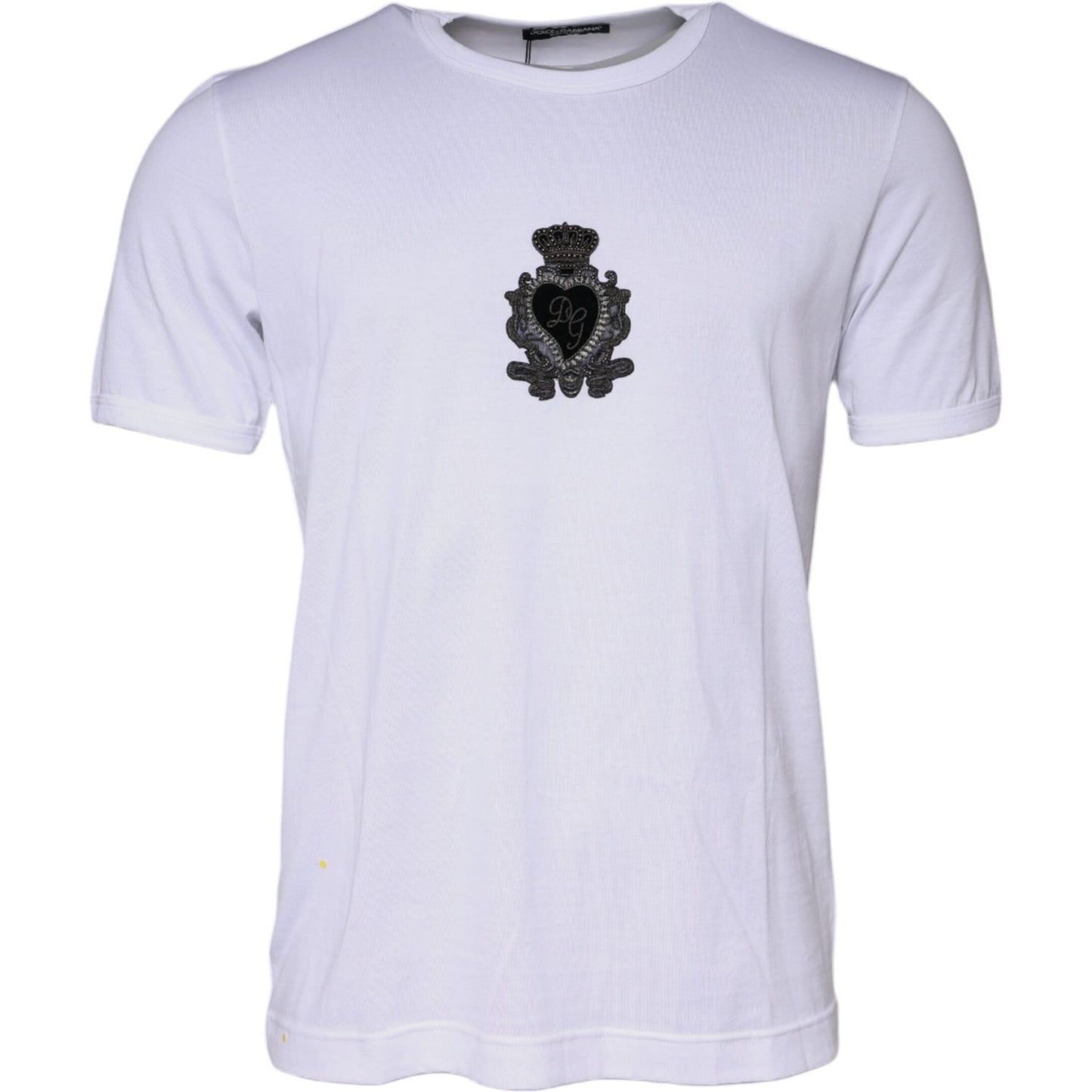 Dolce & Gabbana white cotton crew neck t-shirt with heart logo embroidery, showing front view. Includes minor stains on the front.