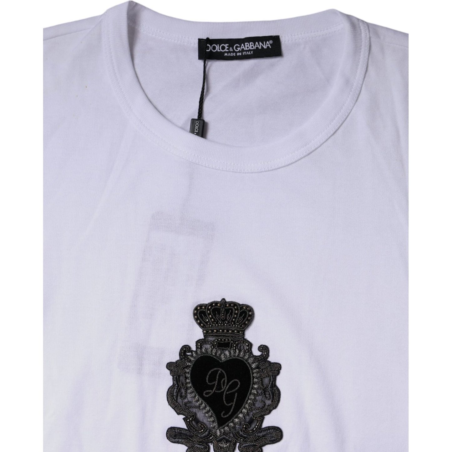 Dolce & Gabbana white cotton t-shirt with black DG heart logo, crew neck, made in Italy, visible stain on the front side