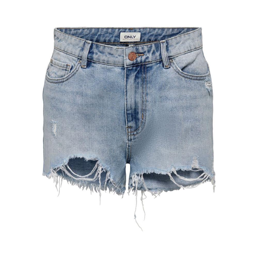 Light blue women's cotton shorts, spring/summer collection, distressed style, 100% cotton.