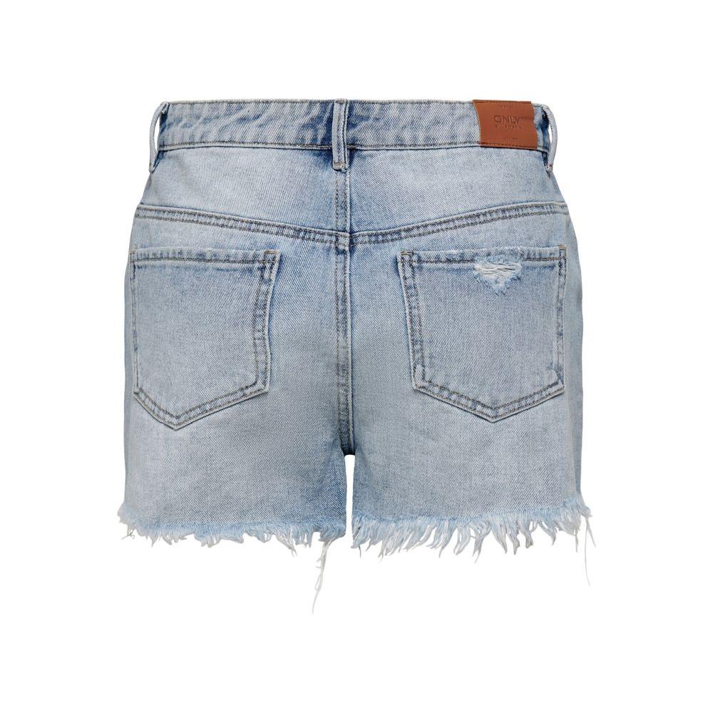 Women's light blue cotton shorts, spring/summer collection, 100% cotton, featuring a frayed hem and back pocket detail.
