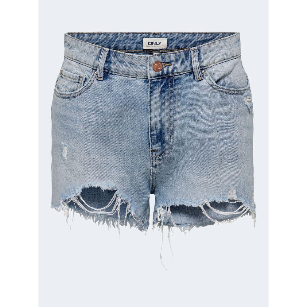 Light blue women's denim shorts, spring/summer collection, 100% cotton, with distressed detailing, perfect for casual wear.