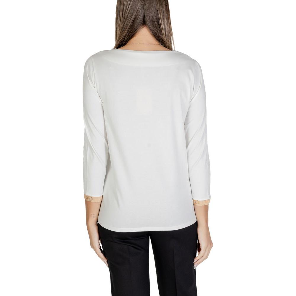 Back view of Alviero Martini Prima Classe white cotton women's top from the Fall/Winter collection, made with 96% cotton, 4% elastane/lycra.