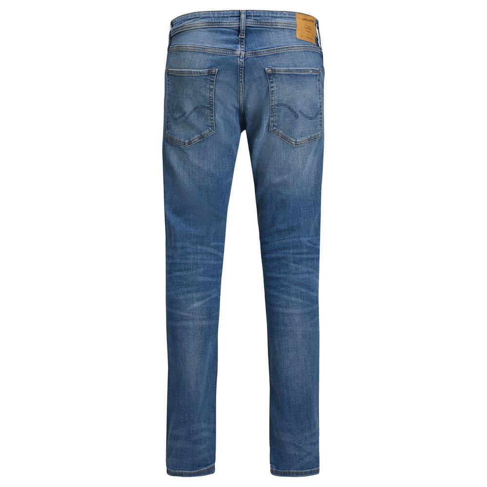 Back view of Jack Jones blue cotton slim fit jeans for men, showcasing stylish pockets and a modern design.