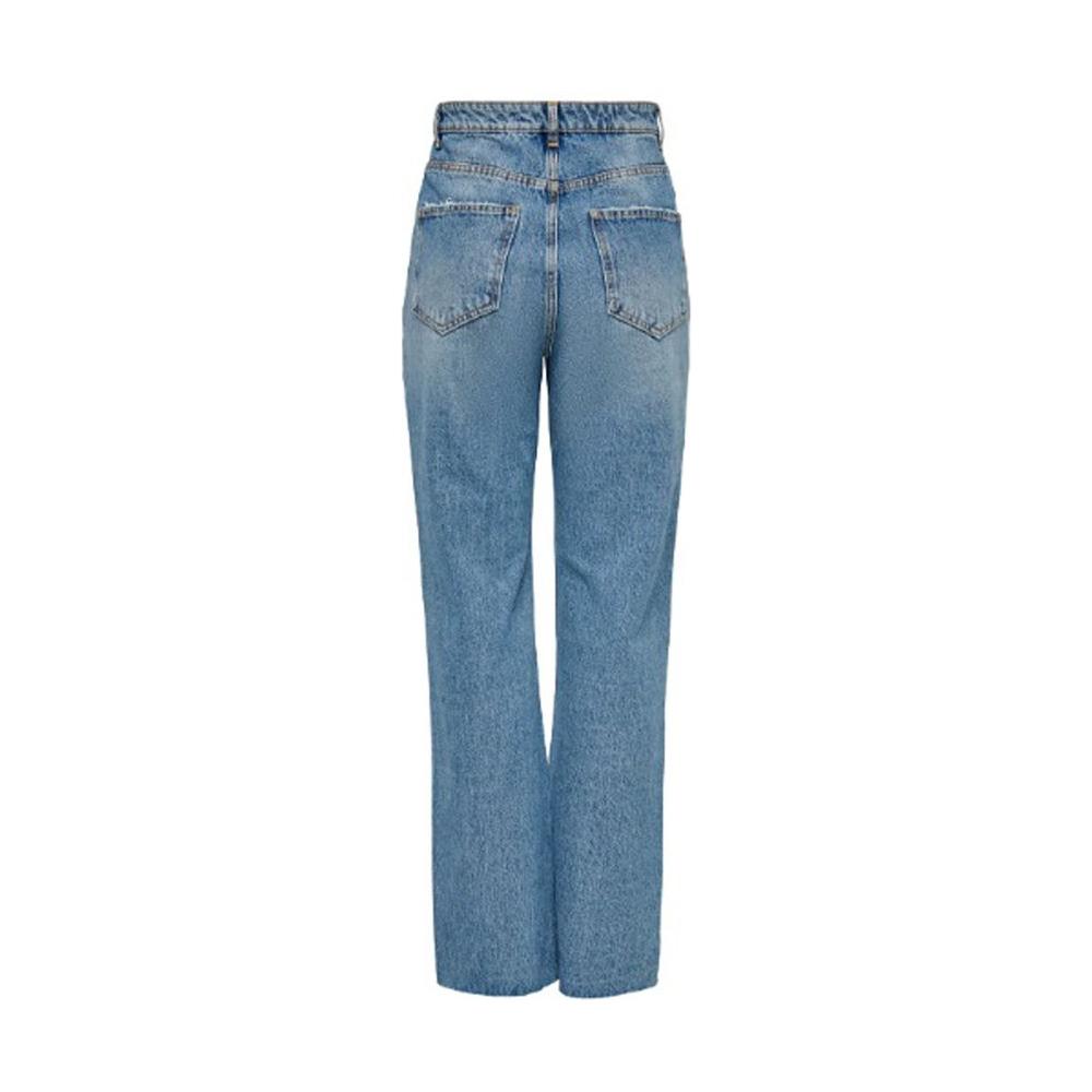 Women's baggy light blue jeans, 80% cotton, 20% recycled, back view. Autumn/Winter collection, eco-friendly fashion.
