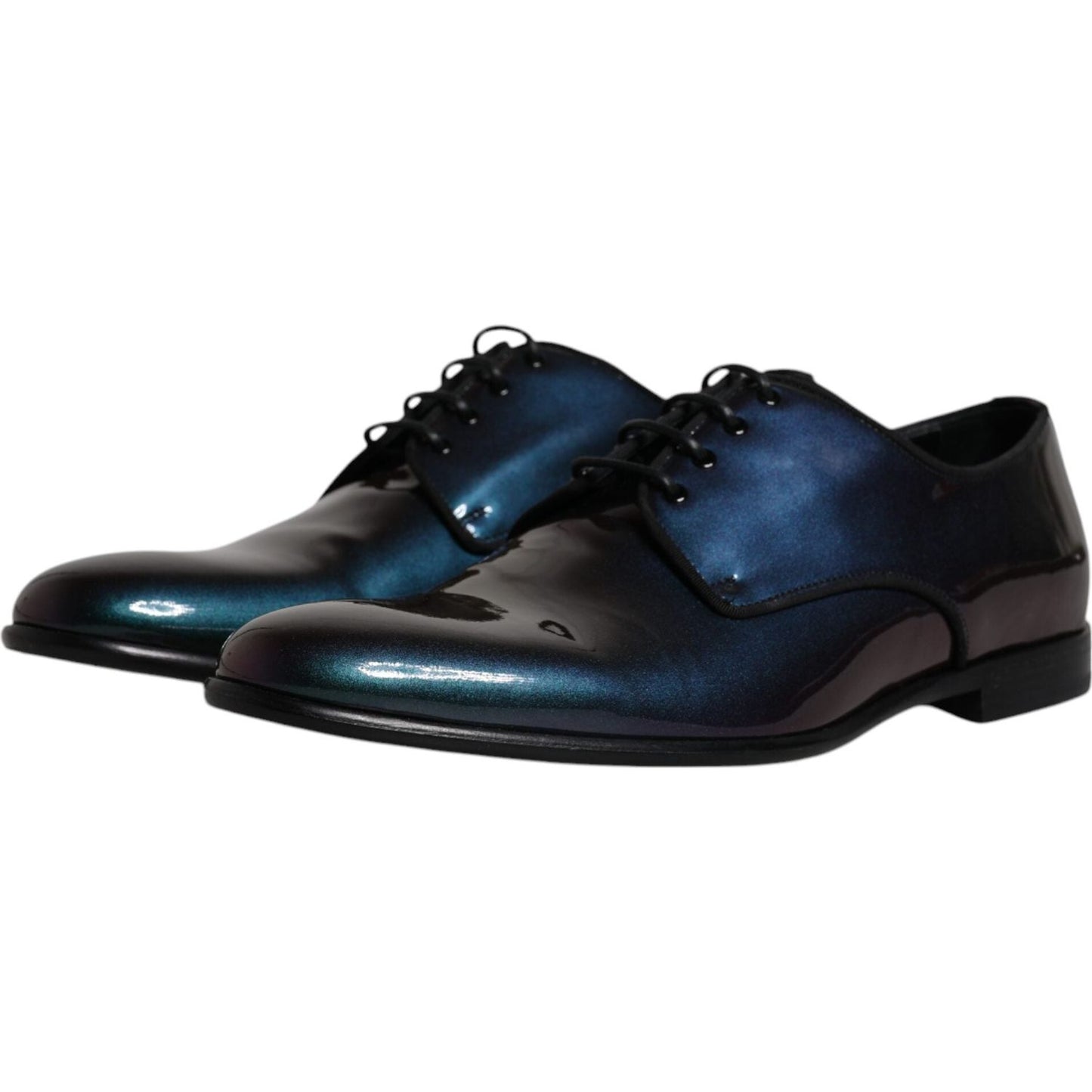 Dolce & Gabbana multicolor peacock patent leather derby dress shoes with lace-up closure, made in Italy. High-quality craftsmanship.