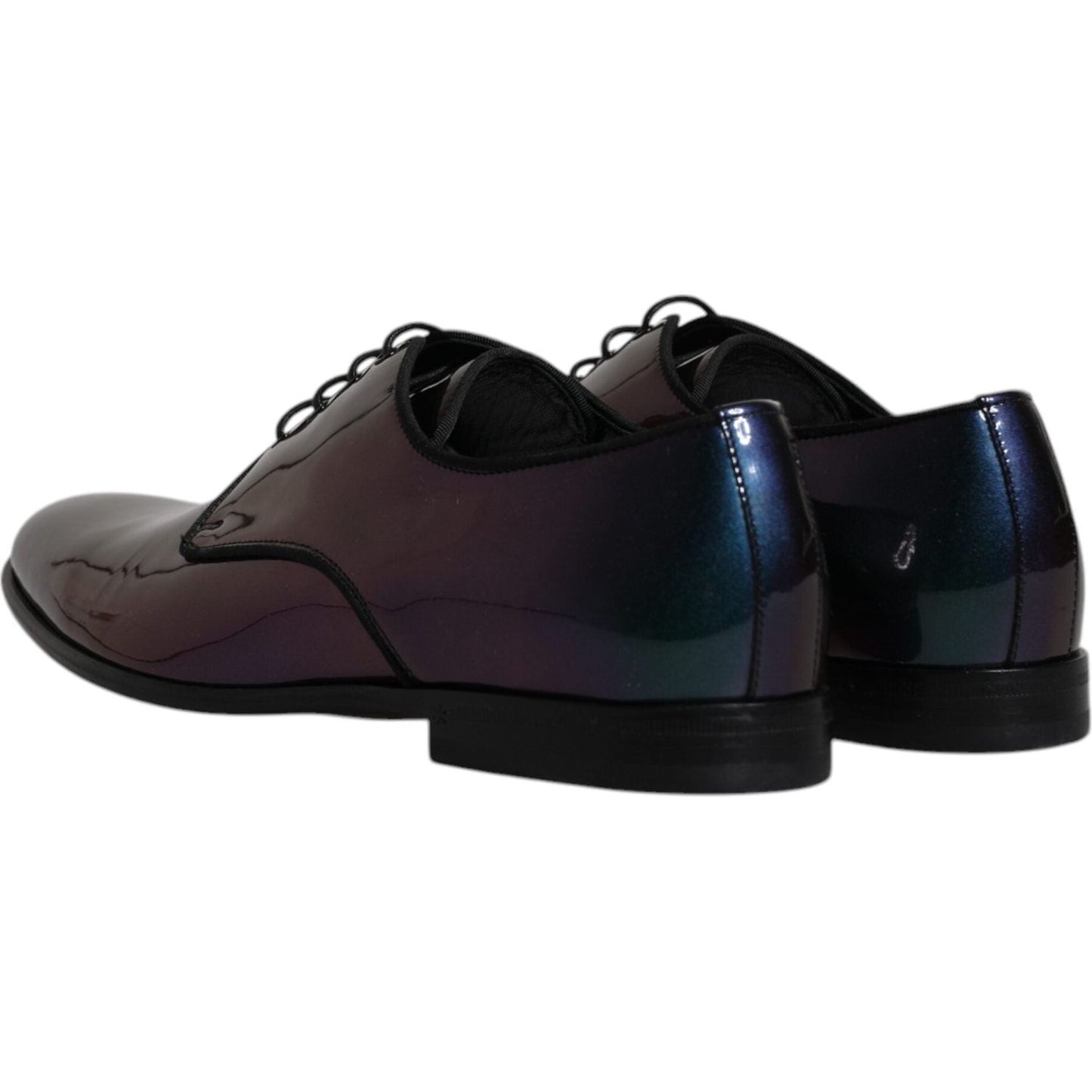 Dolce & Gabbana men's multicolor peacock patent leather derby dress shoes, showcasing lace-up design and luxury craftsmanship.