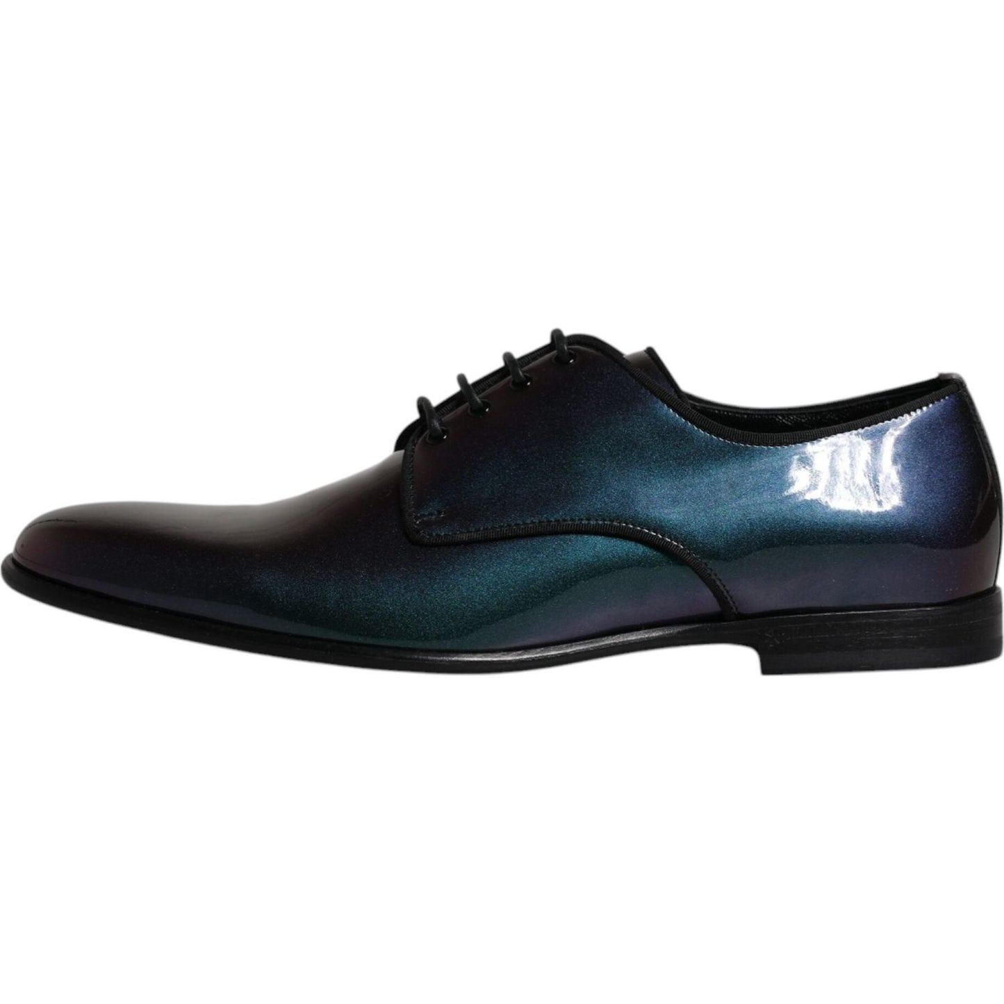 Dolce & Gabbana multicolor peacock patent leather derby dress shoes for men, elegant Italian craftsmanship, lace-up, logo detail