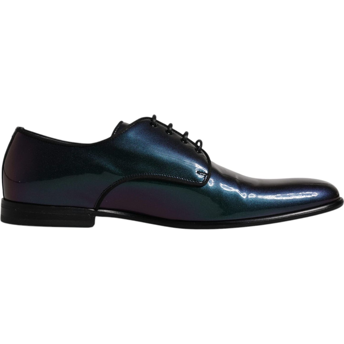 Dolce & Gabbana multicolor peacock patent leather derby men's dress shoes with lace-up closure, made in Italy, luxury formal footwear.