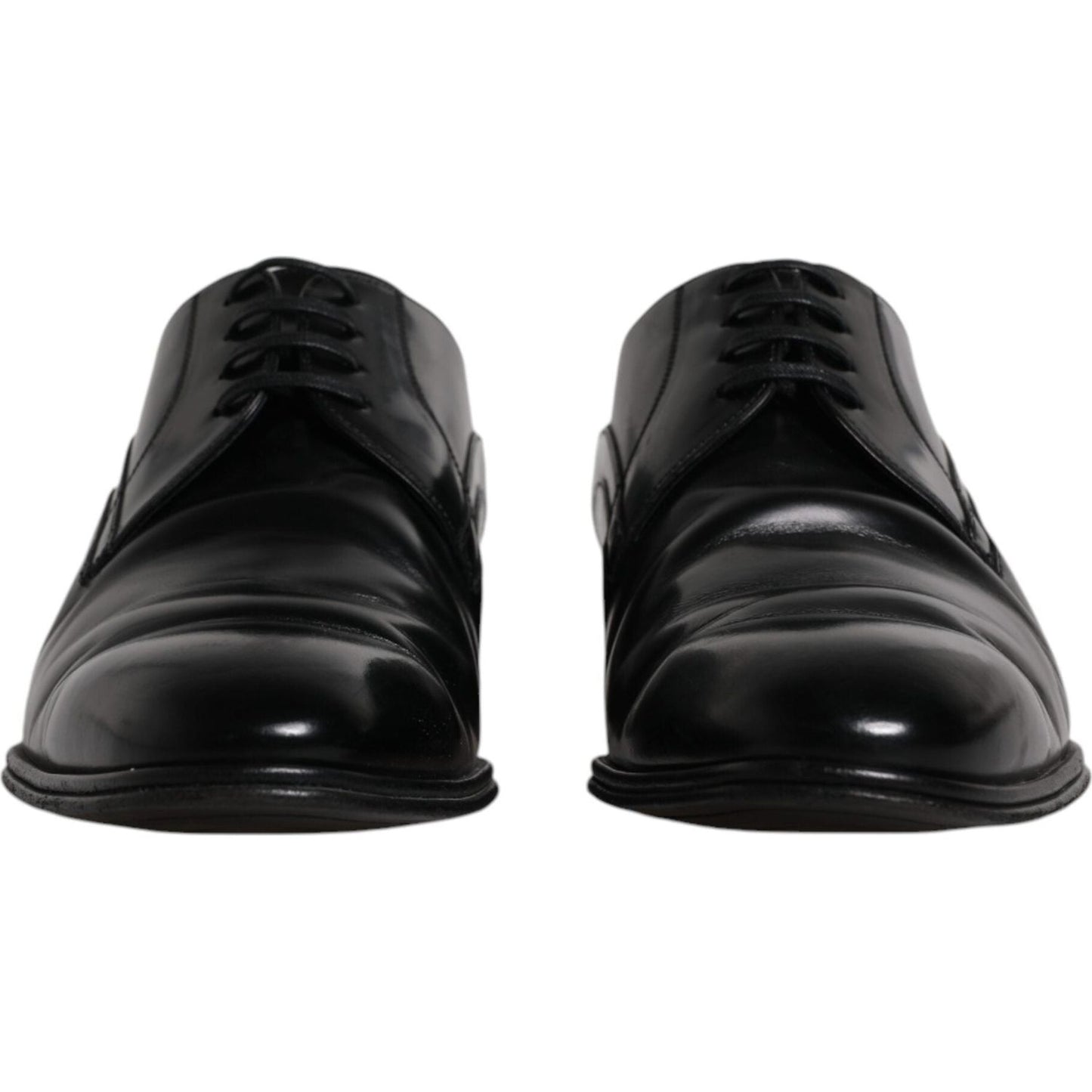 Dolce & Gabbana black leather derby formal men's dress shoes, lace-up with logo details, slightly preowned, high craftsmanship, Made in Italy.