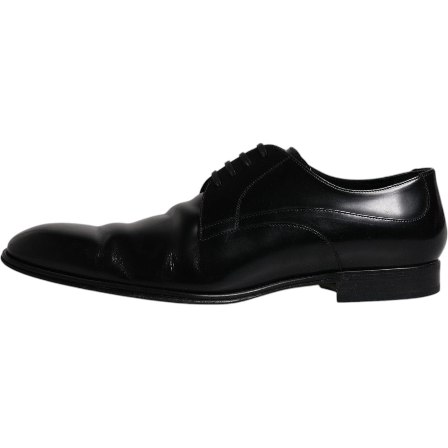 Dolce & Gabbana black leather derby formal men's dress shoe, preowned with tags, high-quality Italian craftsmanship, lace up closure.