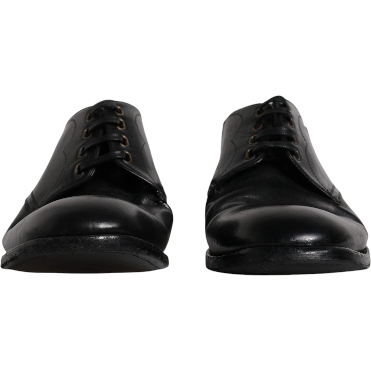Dolce & Gabbana black leather Derby formal men's dress shoes, calf leather, lace-up with logo details, preowned with minor wear marks.