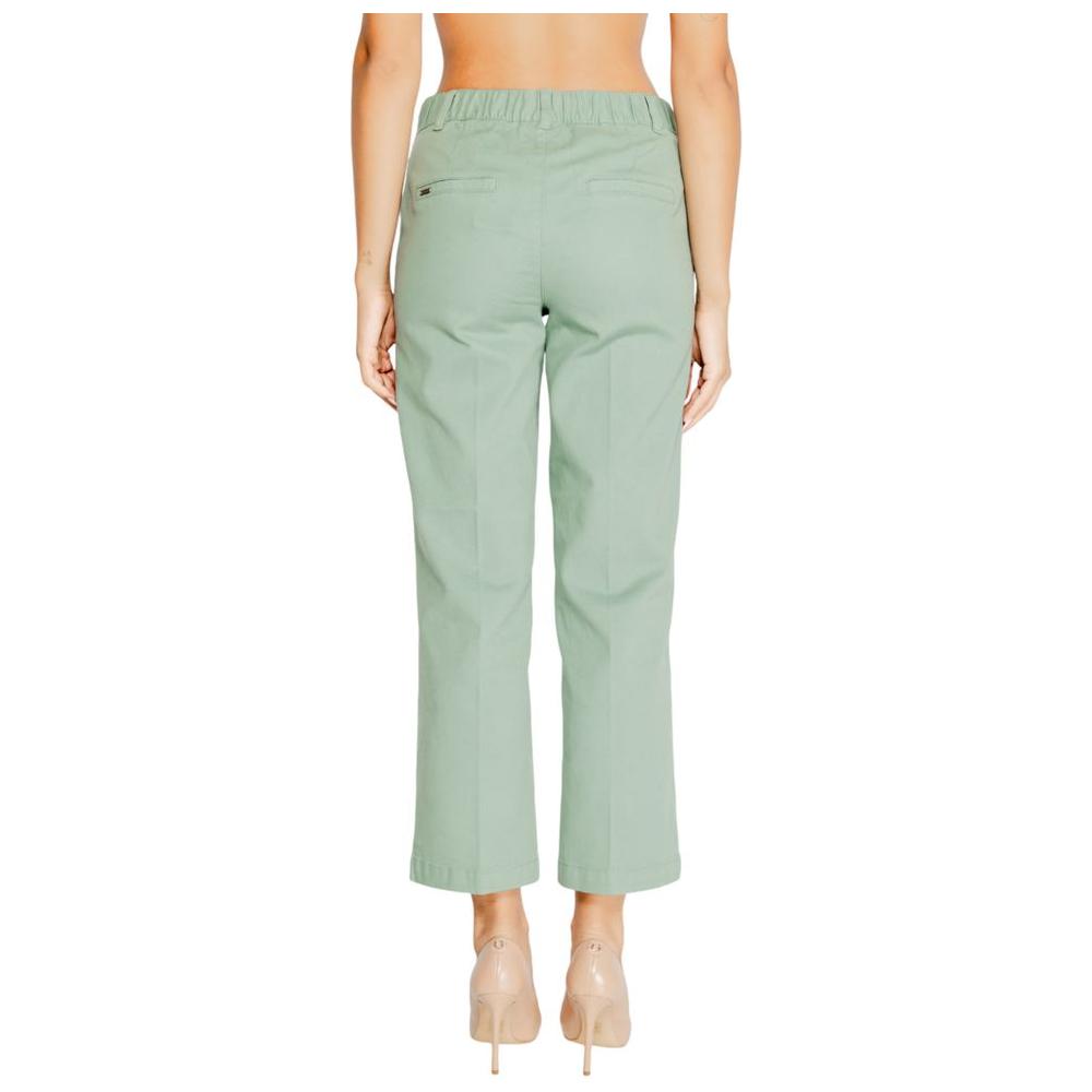 Back view of Street One turquoise women's pants, fall/winter collection, 98% cotton, 2% elastane, showcasing fit and style.