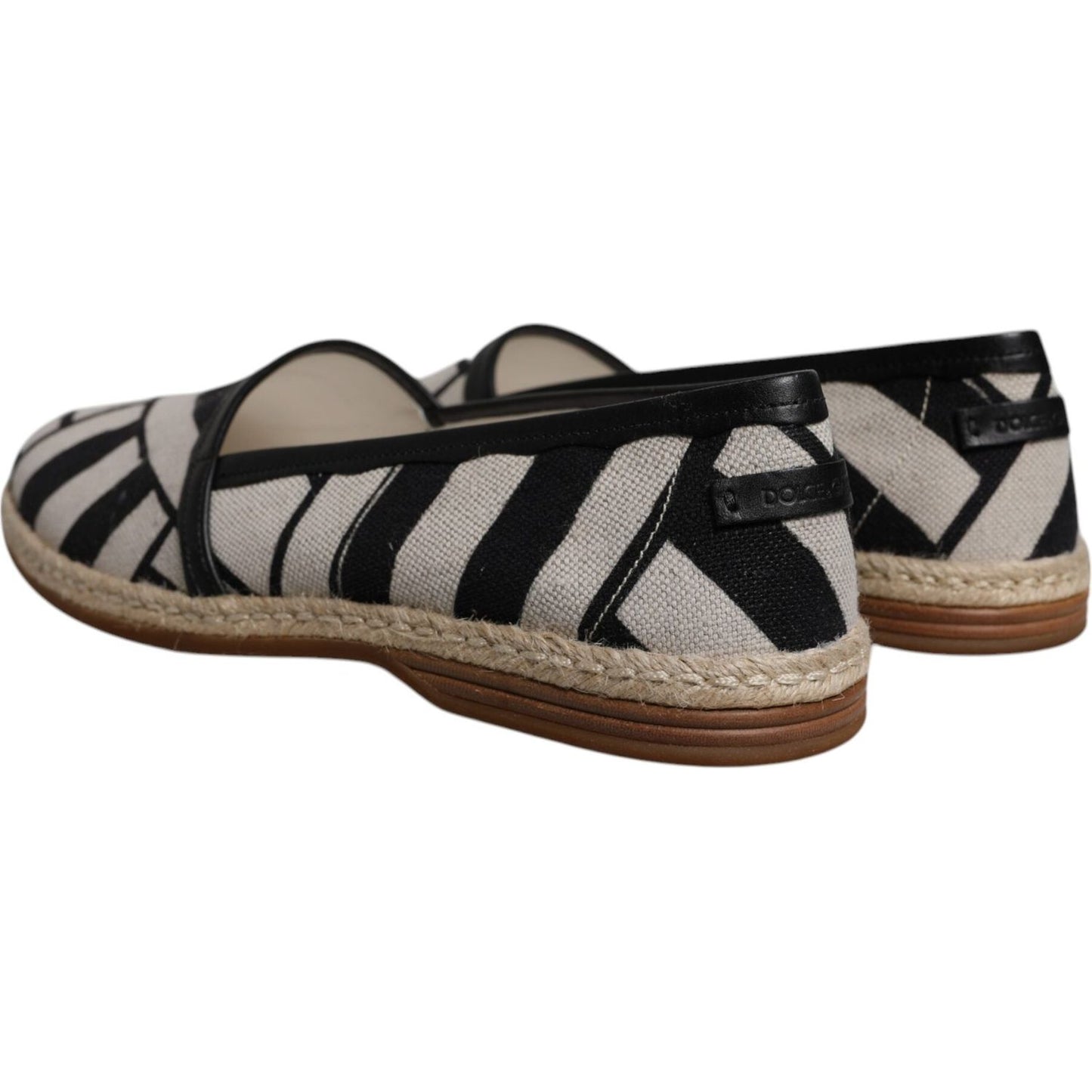 Dolce & Gabbana Black White Stripes Slip On Espadrille Shoes with leather lining, made in Italy, showing logo details and craftsmanship.