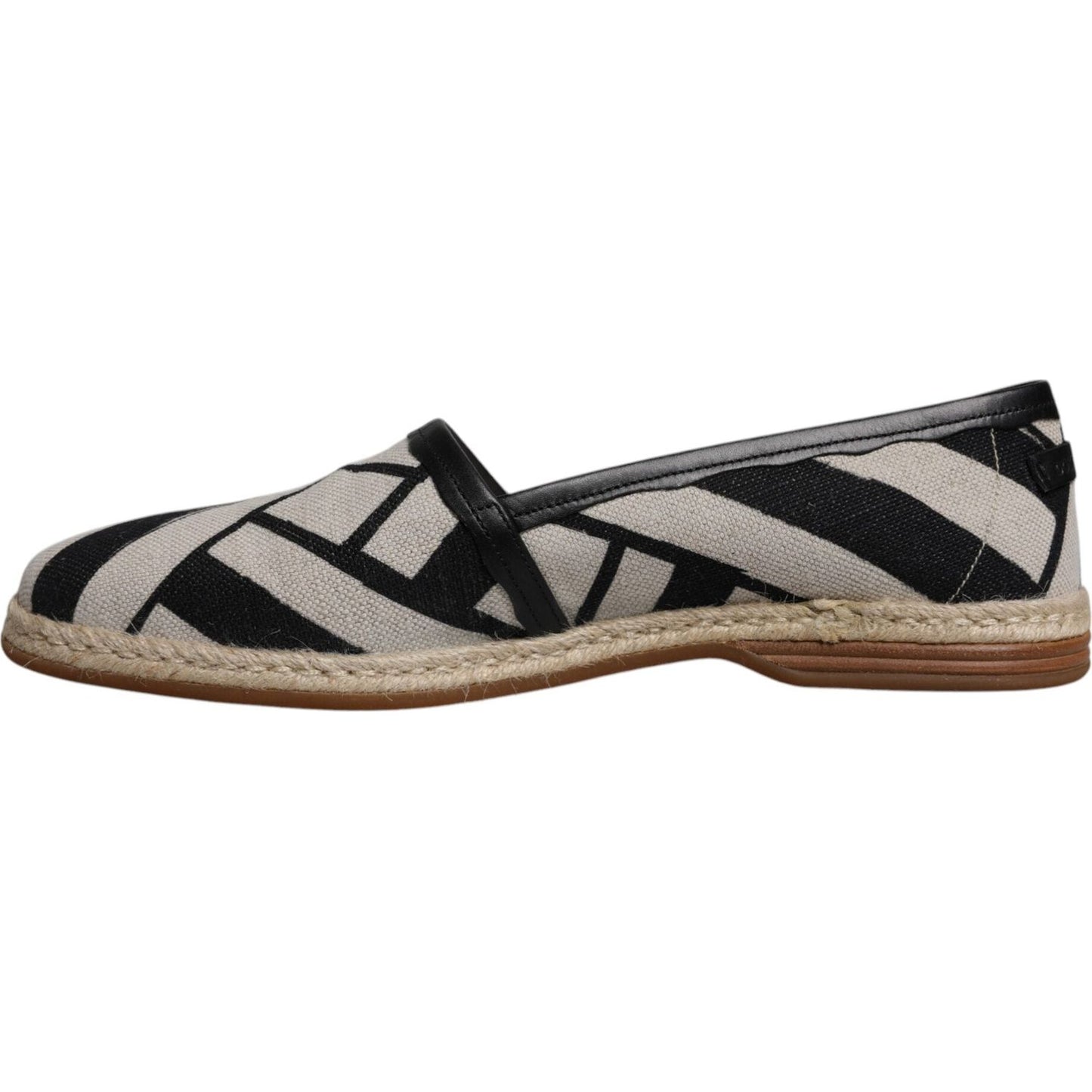 Dolce & Gabbana black and white striped slip-on espadrille shoes with leather details and rubber sole, made in Italy.