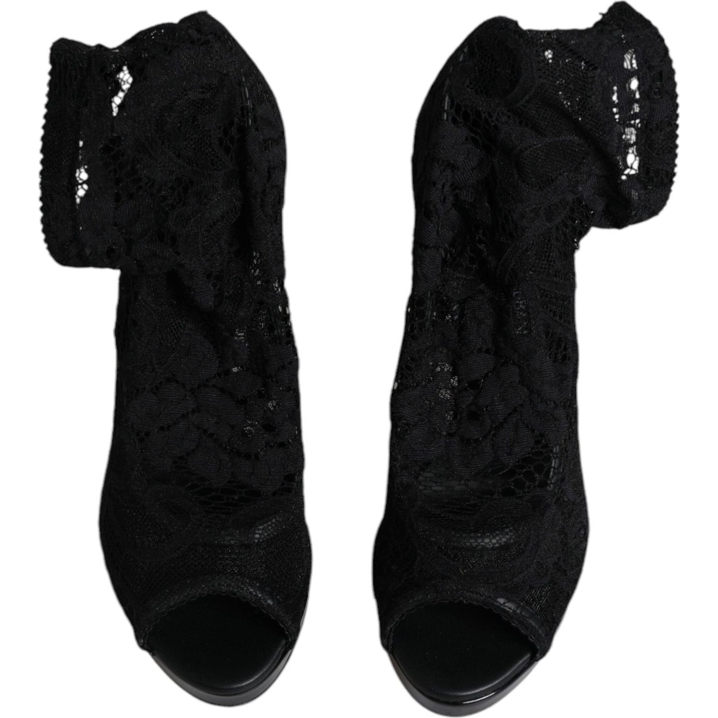 Dolce & Gabbana Black Stretch Taormina Lace Boots, elegant Italian design, featuring leather sole and intricate lace details.