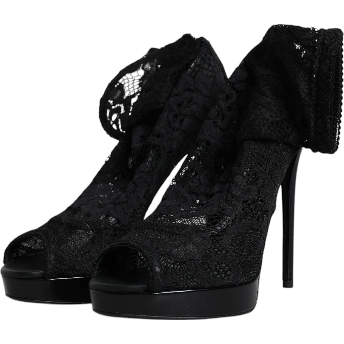Dolce & Gabbana black stretch Taormina lace boots with peep-toe design, stiletto heel, crafted with leather sole, nylon, and silk blend.