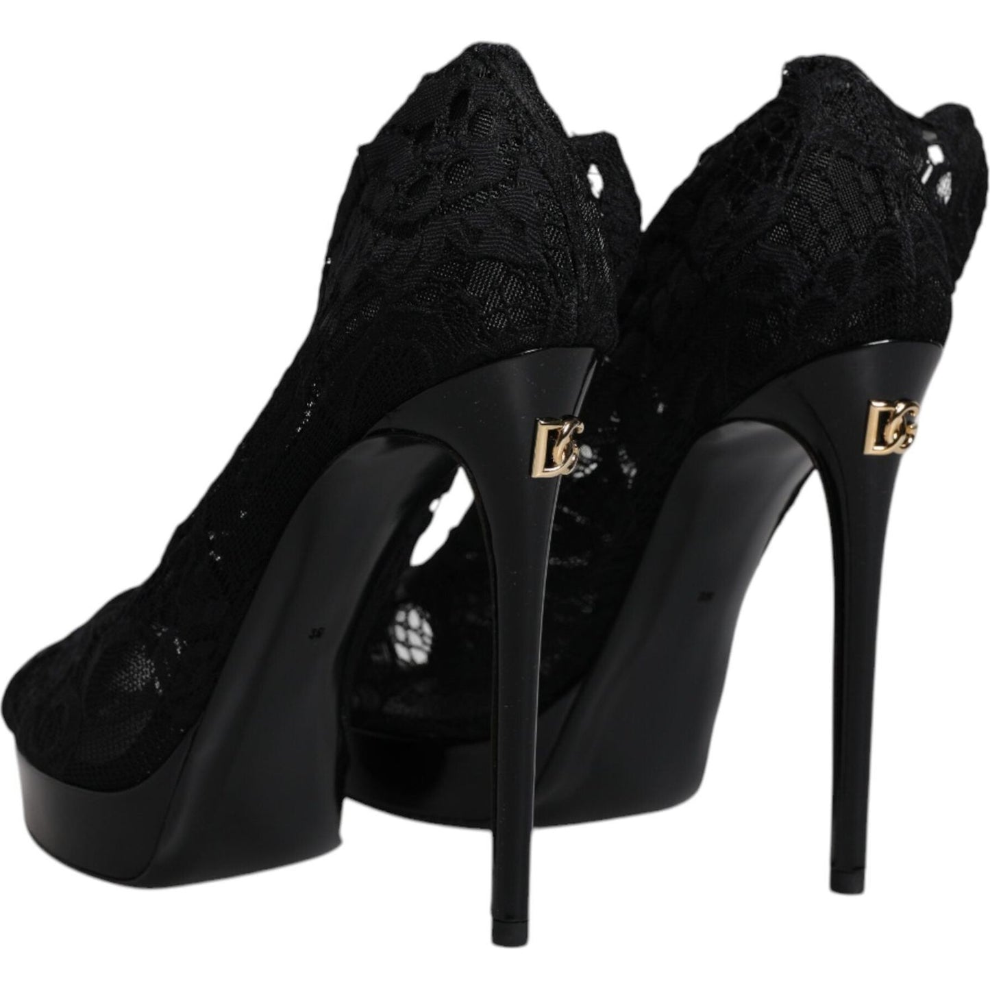 Dolce & Gabbana Black Stretch Taormina Lace Boots with Leather Sole and Logo Detail, High Heels, Made in Italy.