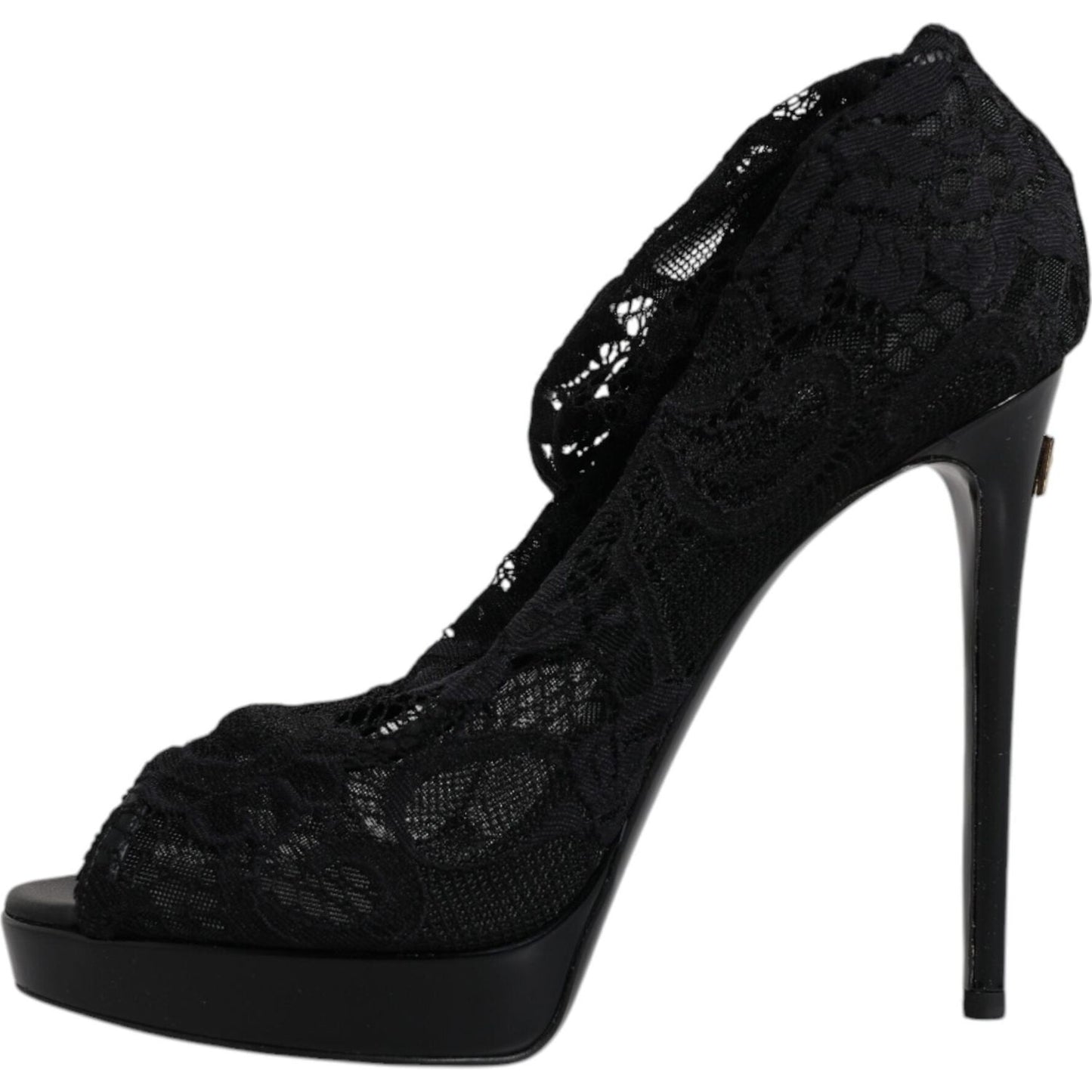 Dolce & Gabbana black stretch Taormina lace boots with high heel, featuring leather sole, buckle closure, and logo details.
