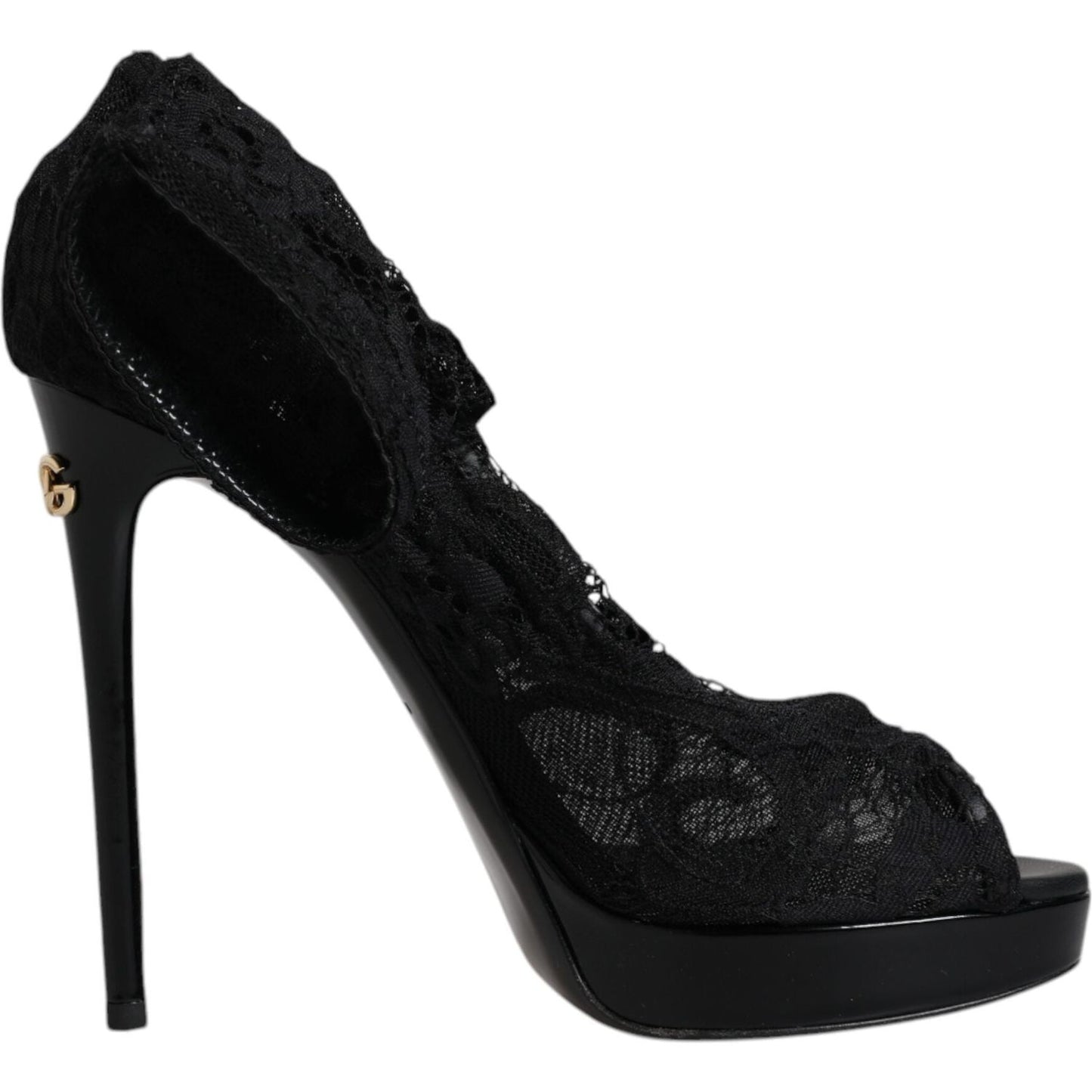 Dolce & Gabbana black stretch Taormina lace boots with leather sole and buckle detail, made in Italy.