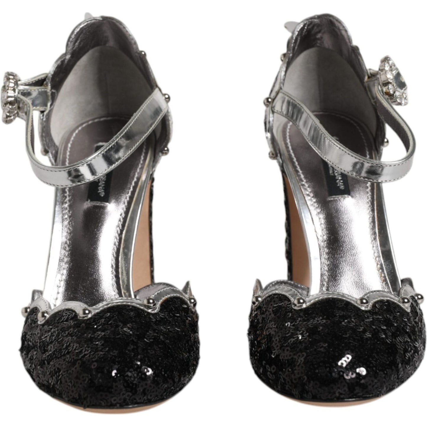 Dolce & Gabbana black silver sequin ankle strap sandals with leather sole and buckle closure, high quality Italian design.