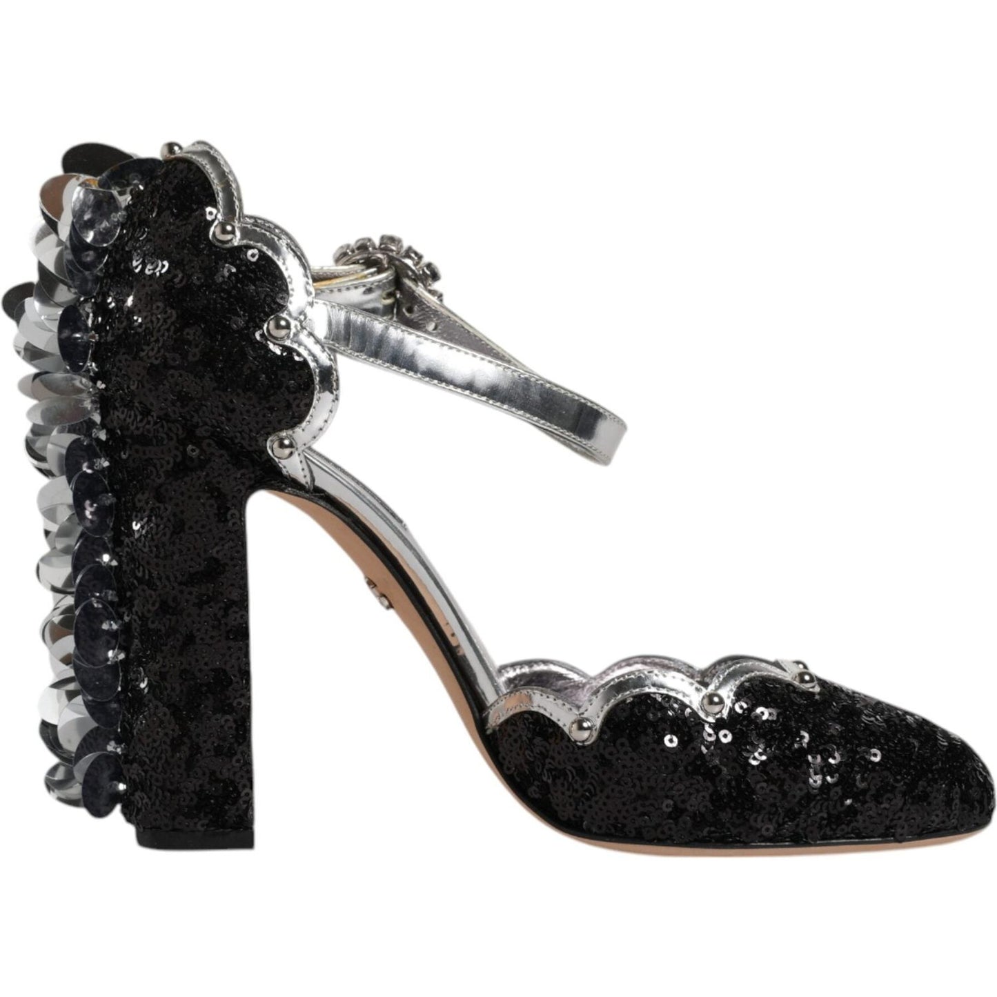Dolce & Gabbana black silver sequin ankle strap sandals, black and silver sequined heels with buckle closure and leather sole.