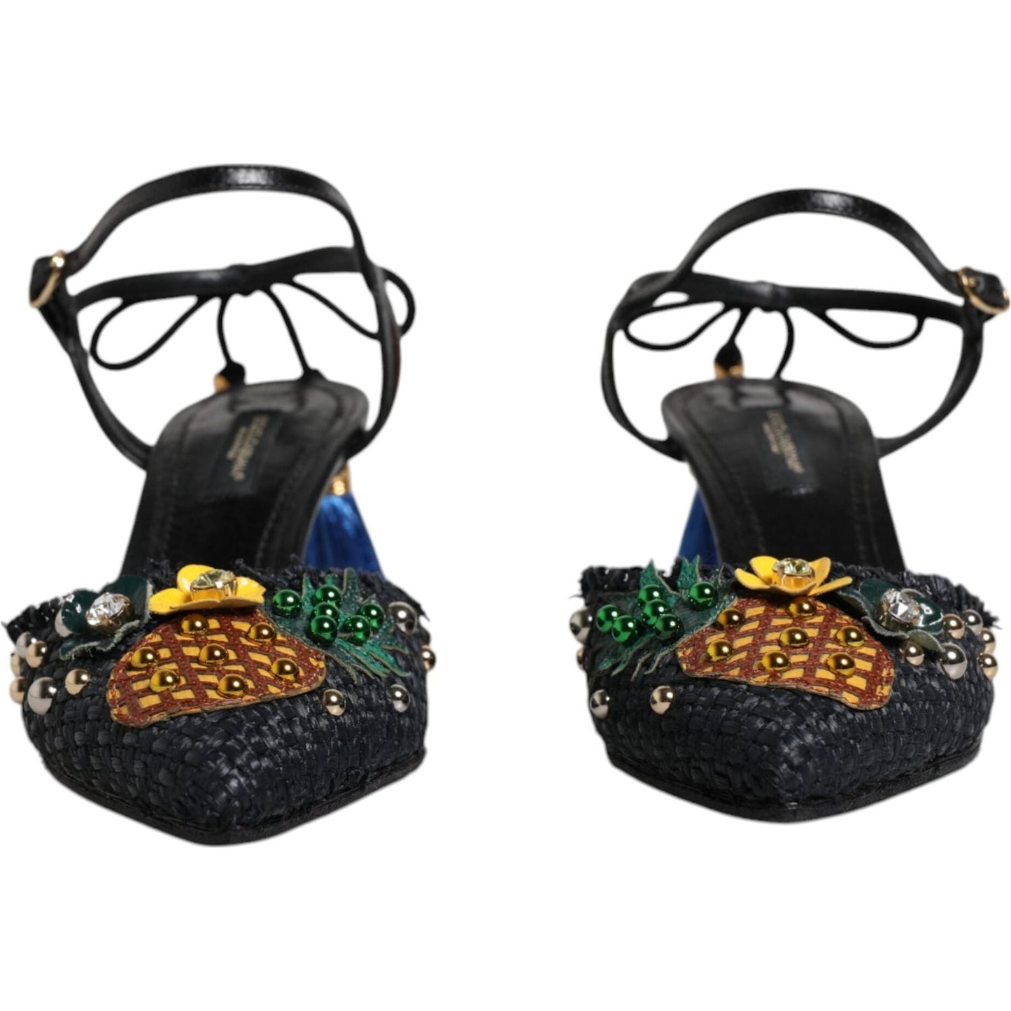 Dolce & Gabbana Black Pineapple Bellucci Heels Sandals, preowned with tags, embellished, high-quality calf leather, buckle closure.