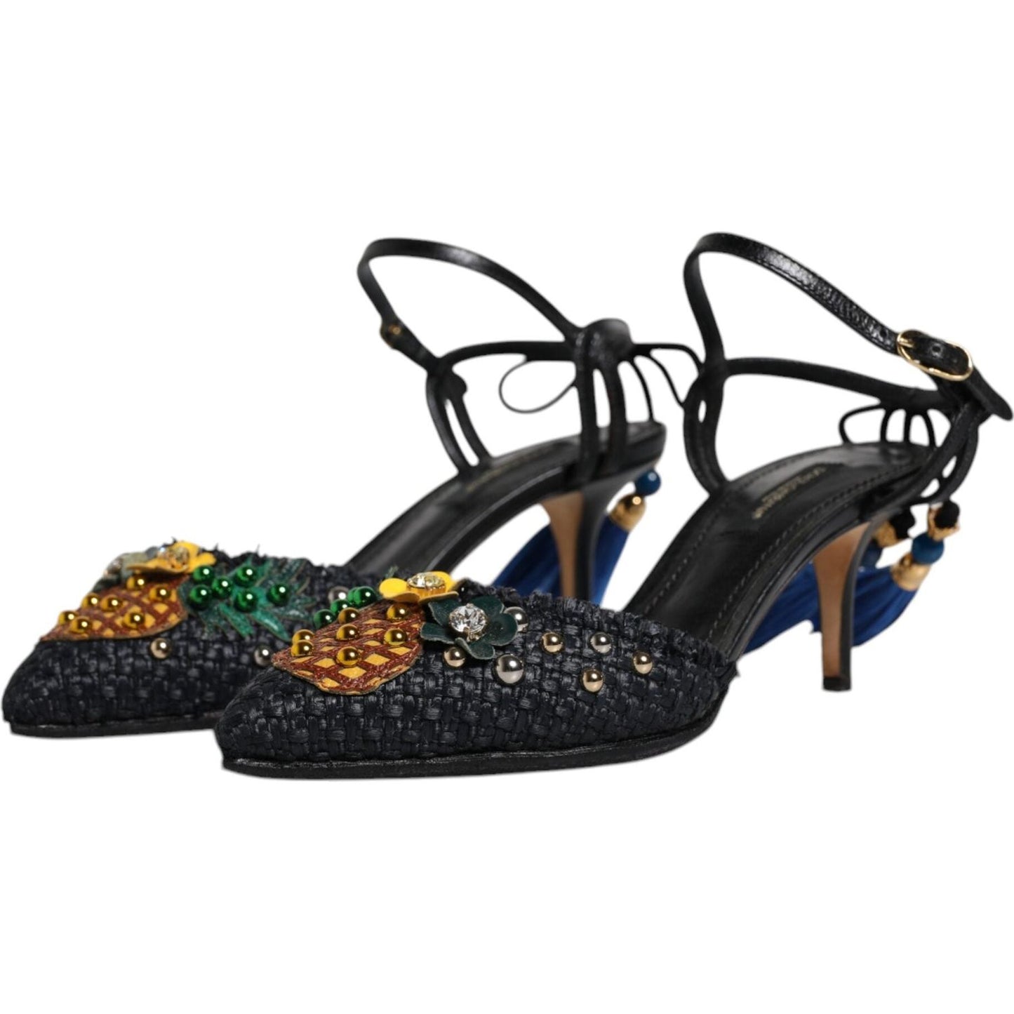 Dolce & Gabbana Black Pineapple Embellished Bellucci Heels Sandals, 100% Calf Leather, Very Slightly Preowned with Tags, Made in Italy