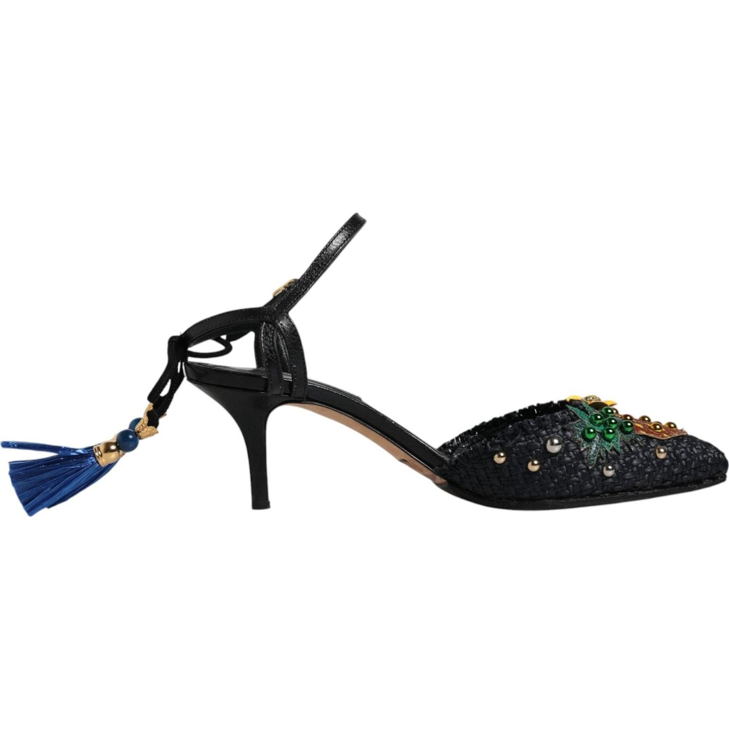 Dolce & Gabbana black embellished Bellucci heel sandals with leather buckle and logo details, 100% calf leather, made in Italy.