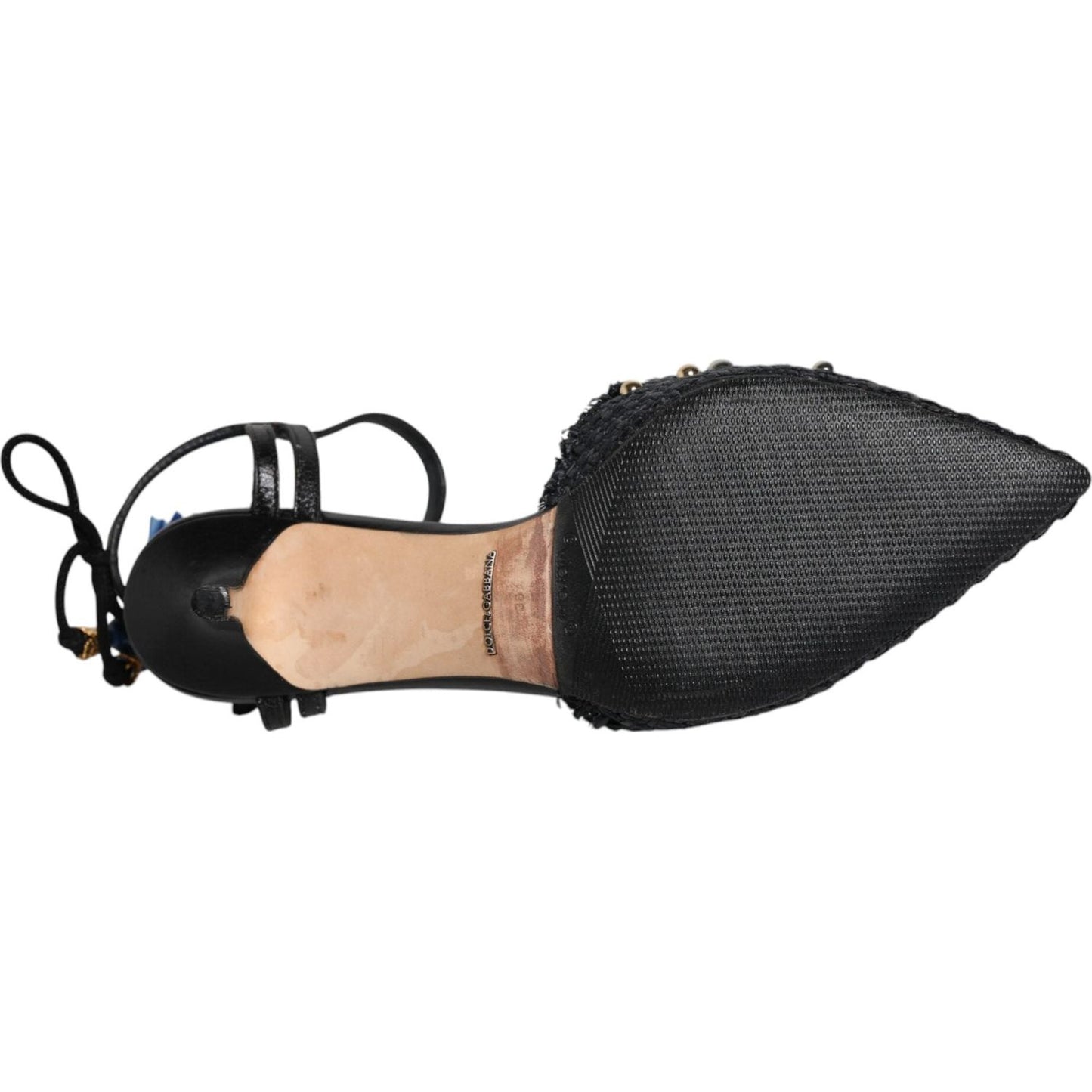 Sole view of Dolce & Gabbana black pineapple Bellucci heels sandals made of calf leather with buckle closure, preowned with logo details.