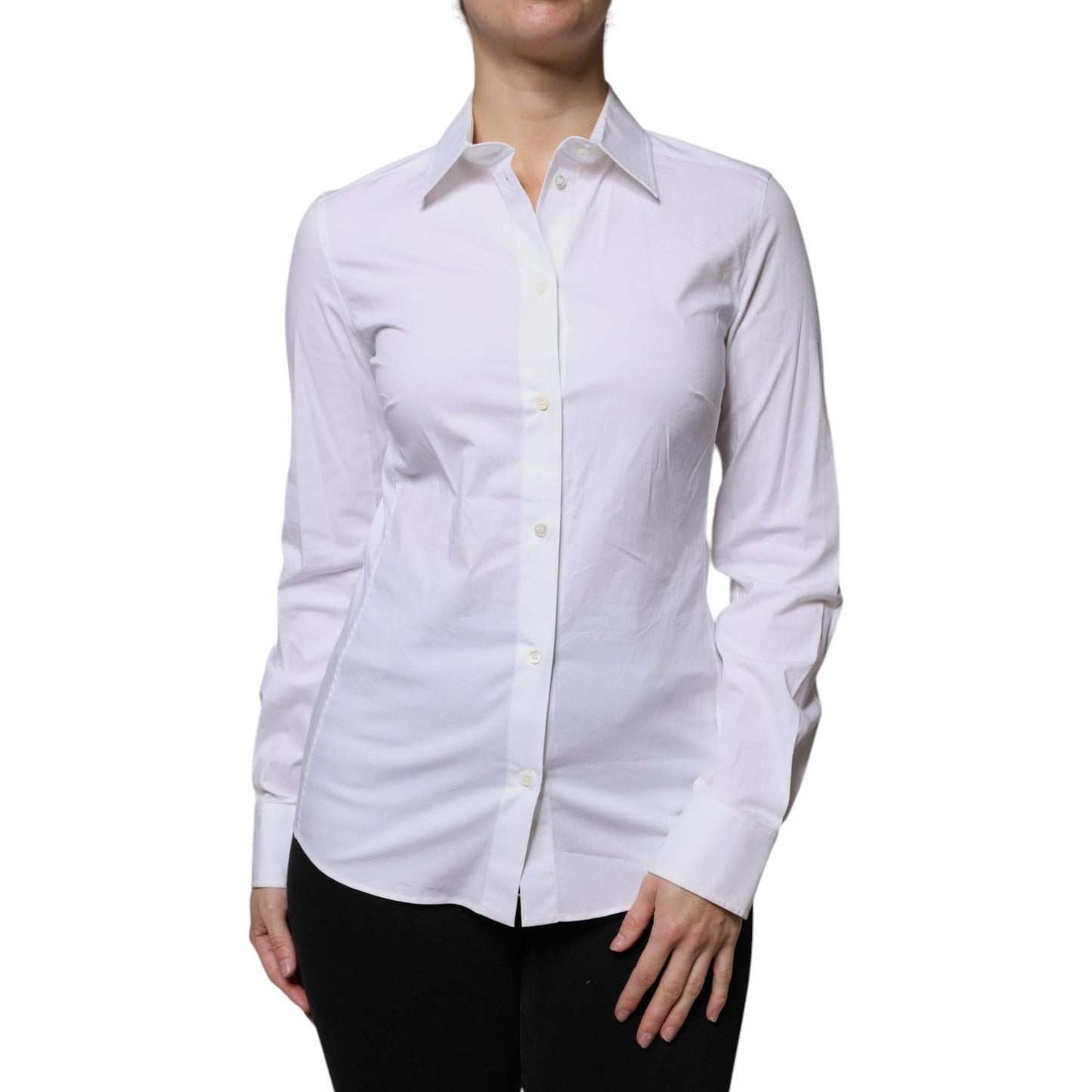 Dolce & Gabbana white cotton collared long sleeves shirt top with button closure, made in Italy. Elegant and authentic fashion.