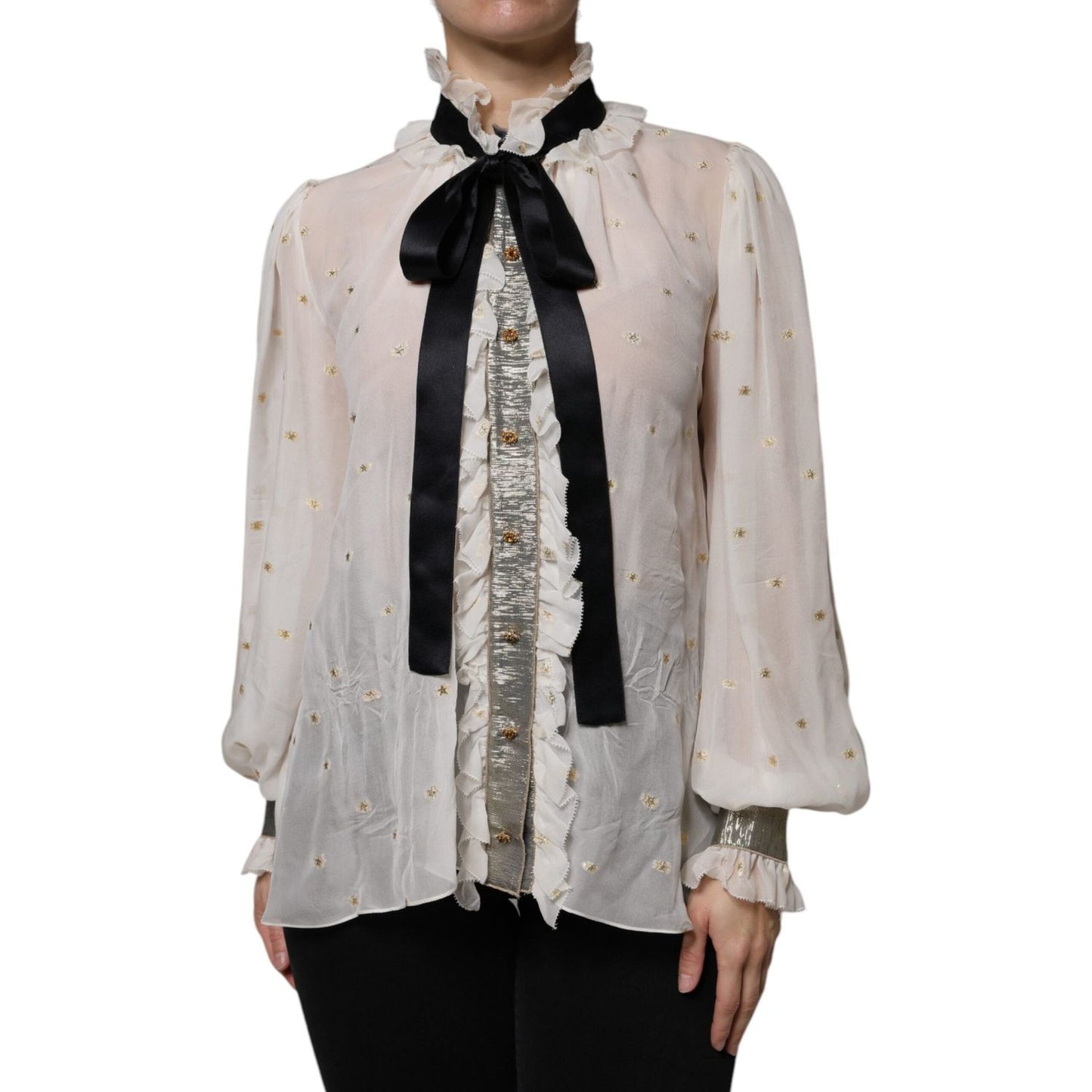Dolce & Gabbana off-white silk blend ascot collar blouse with black necktie, ruffled detailing, and button closure.