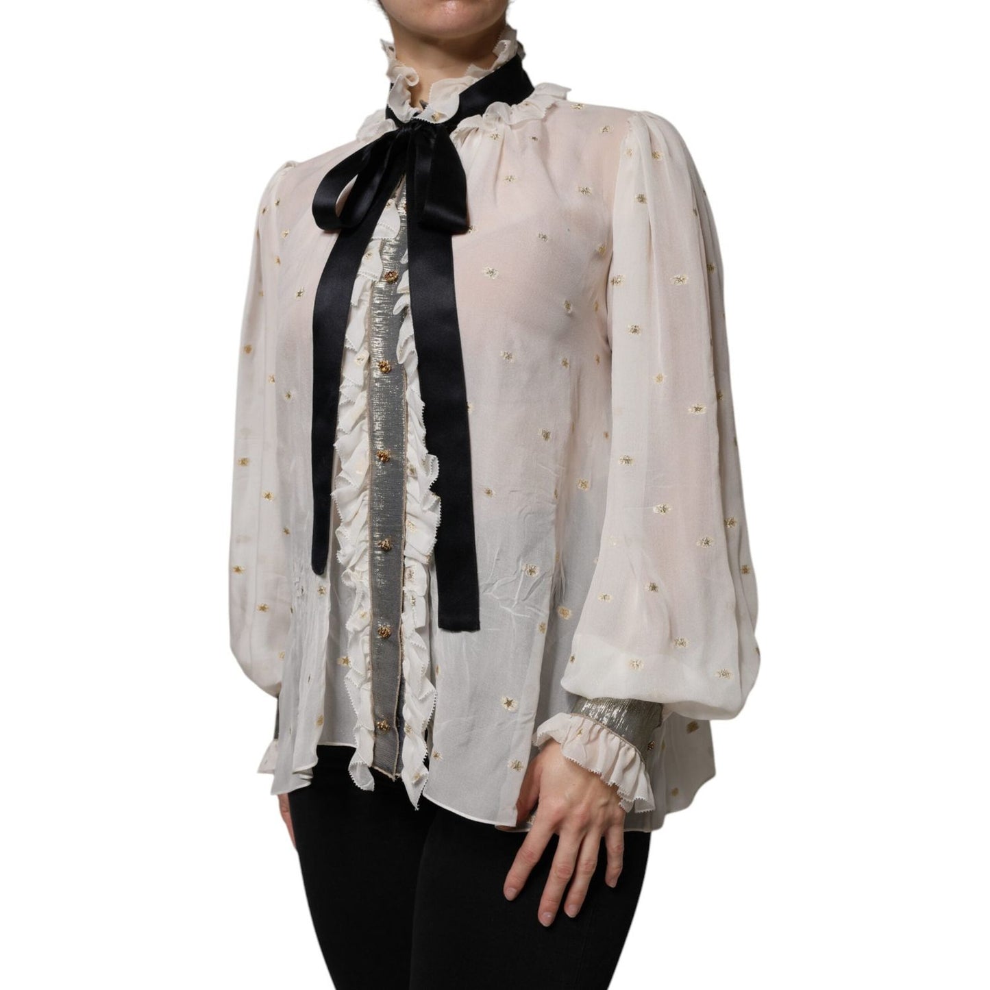 Dolce & Gabbana off white silk blend ascot collar blouse with black necktie and ruffled details, featuring minor front side stains.