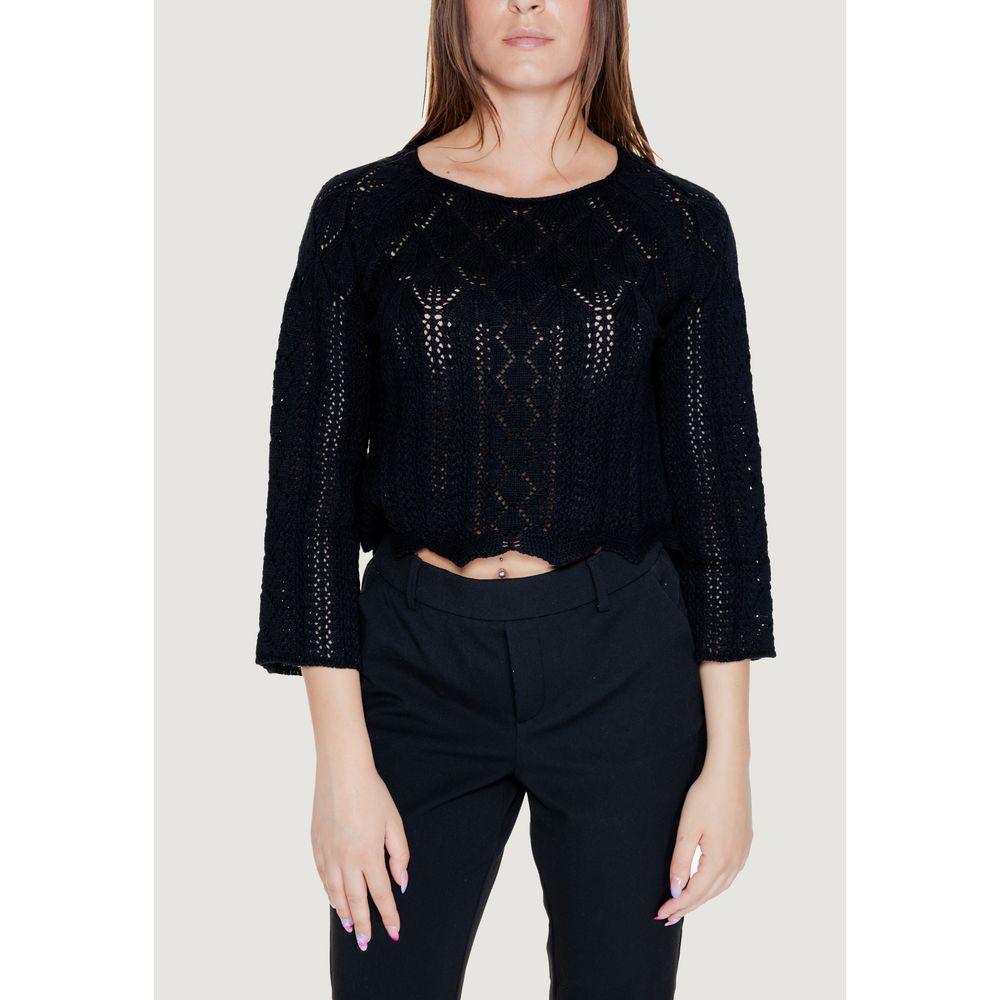 Vero Moda black cotton women's jersey top, spring/summer collection, featuring crochet design, 60% cotton, 40% acrylic