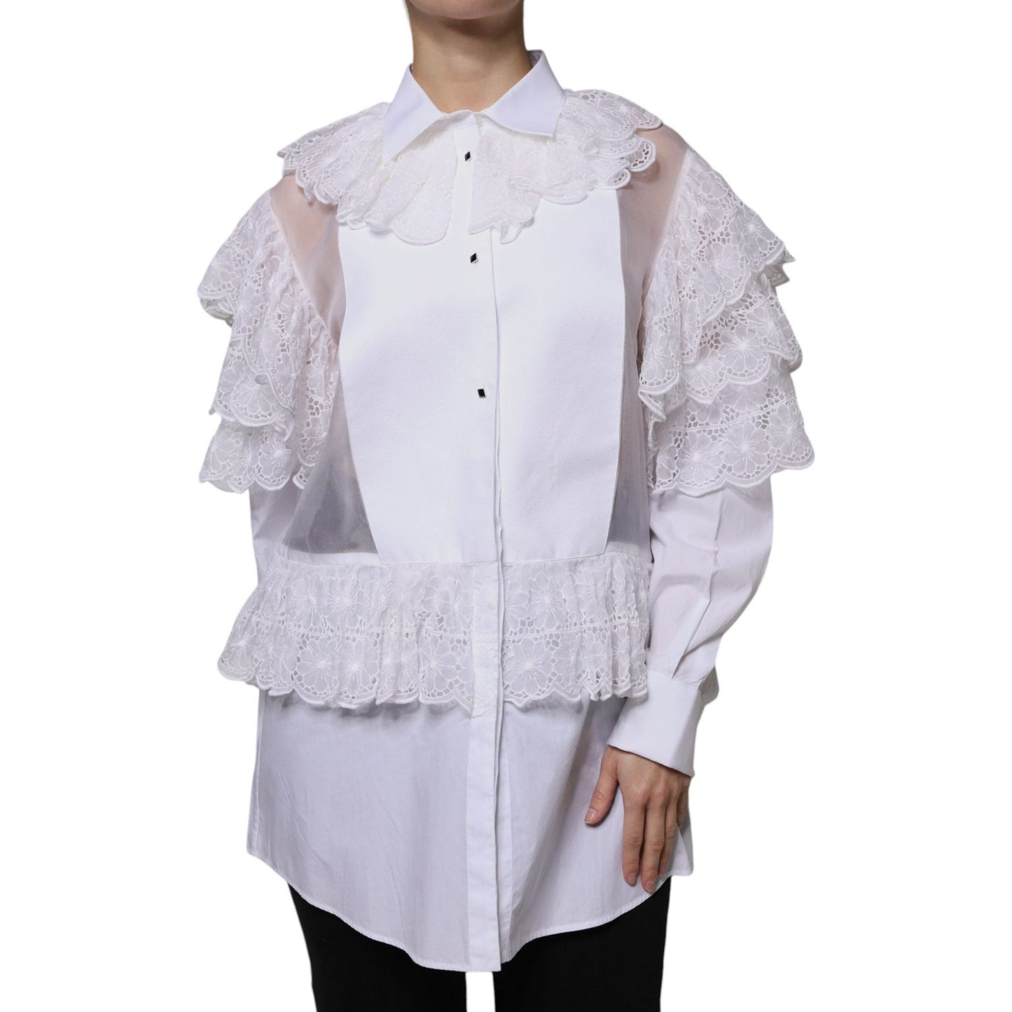 Dolce & Gabbana white cotton poplin shirt dress blouse with long sleeves, lace details, and button closure, made in Italy.
