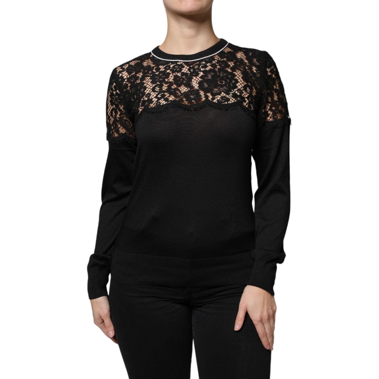 Dolce & Gabbana black floral lace silk pullover blouse top with long sleeves, 60% silk blend, made in Italy, stylish and elegant.