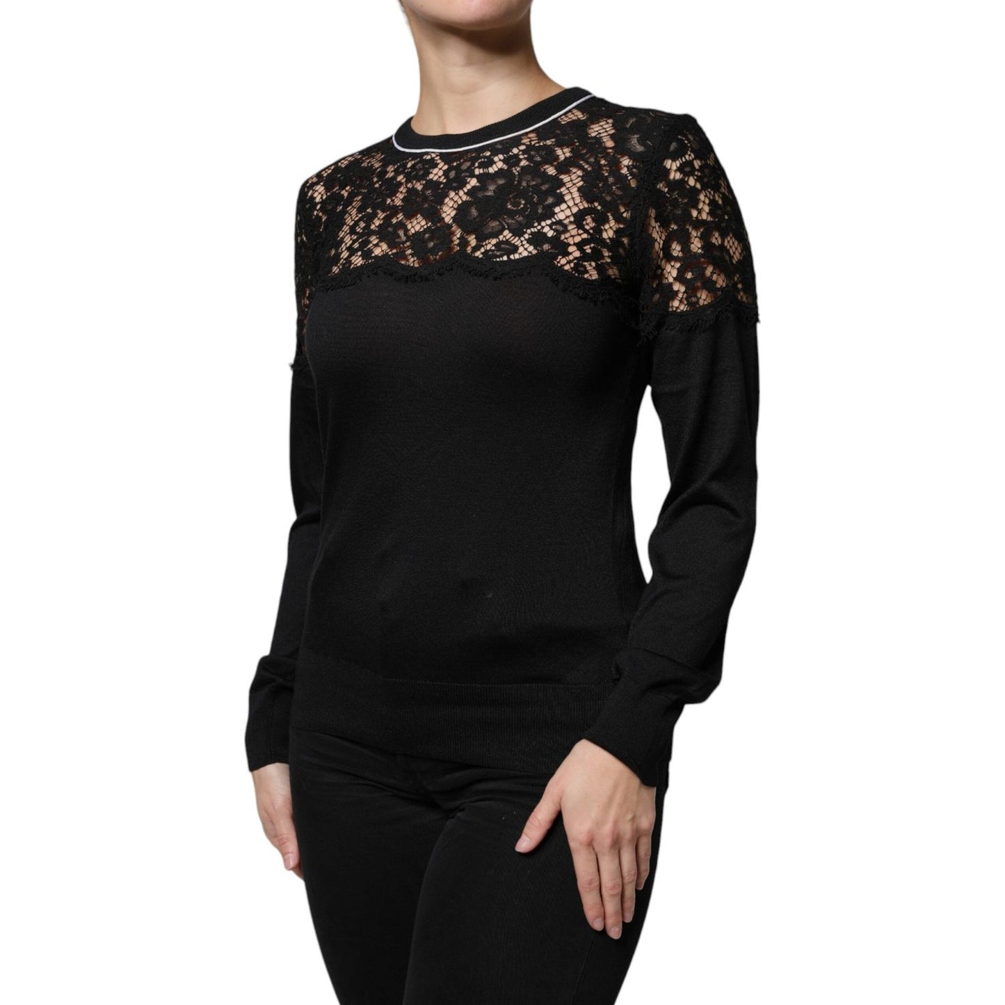 Dolce & Gabbana black floral lace silk pullover blouse top, long sleeves, model wearing, Made in Italy, elegant and exclusive design.