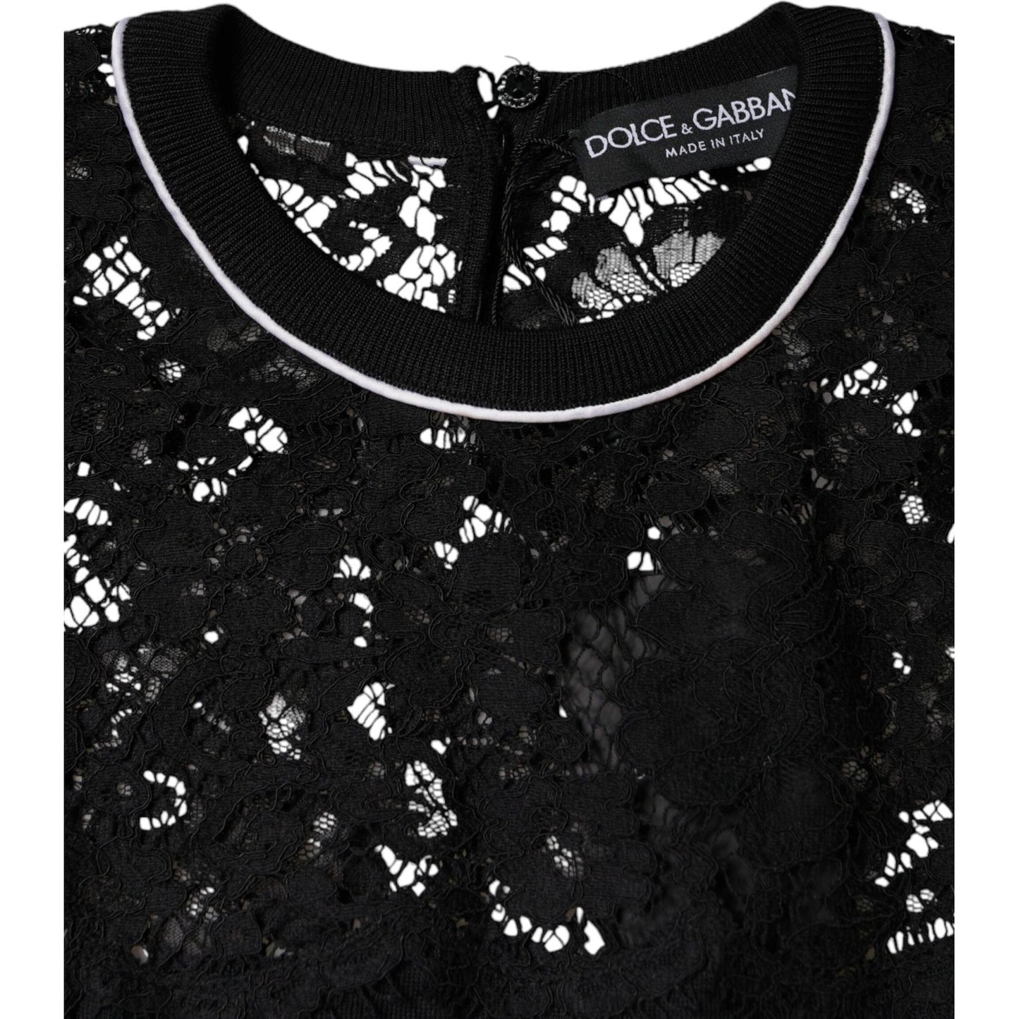 Dolce & Gabbana black floral lace silk pullover blouse top with logo details, made in Italy, elegant design.