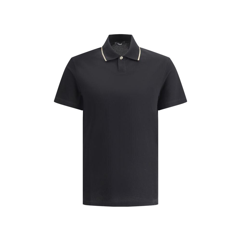 Black Versace Cotton Polo Shirt with ribbed collar and contrasting button front, showcasing a monochrome pattern and regular fit.
